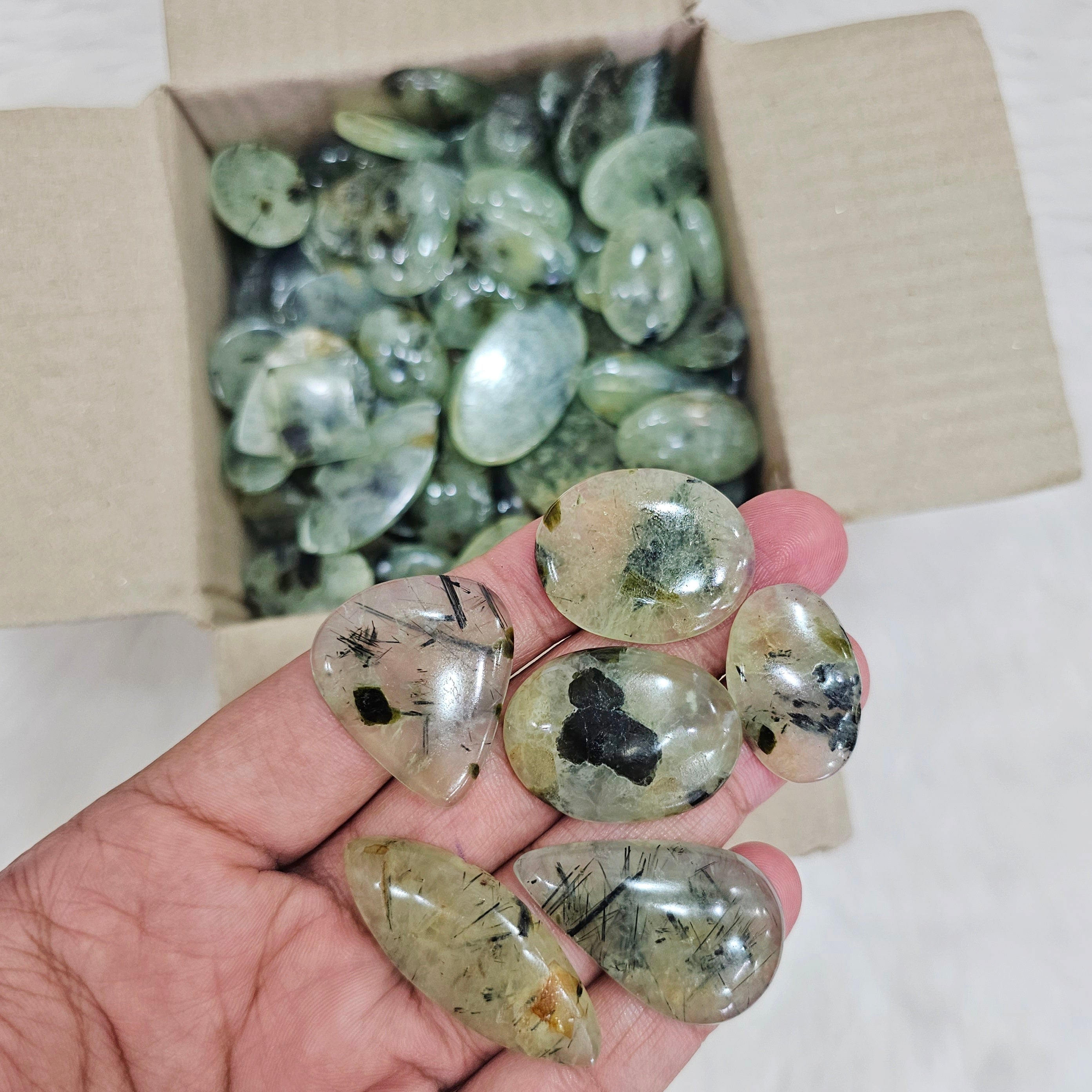 500 Grams of Prehnite Cabochons | 18-30mm | Approx 60 Pcs - The LabradoriteKing