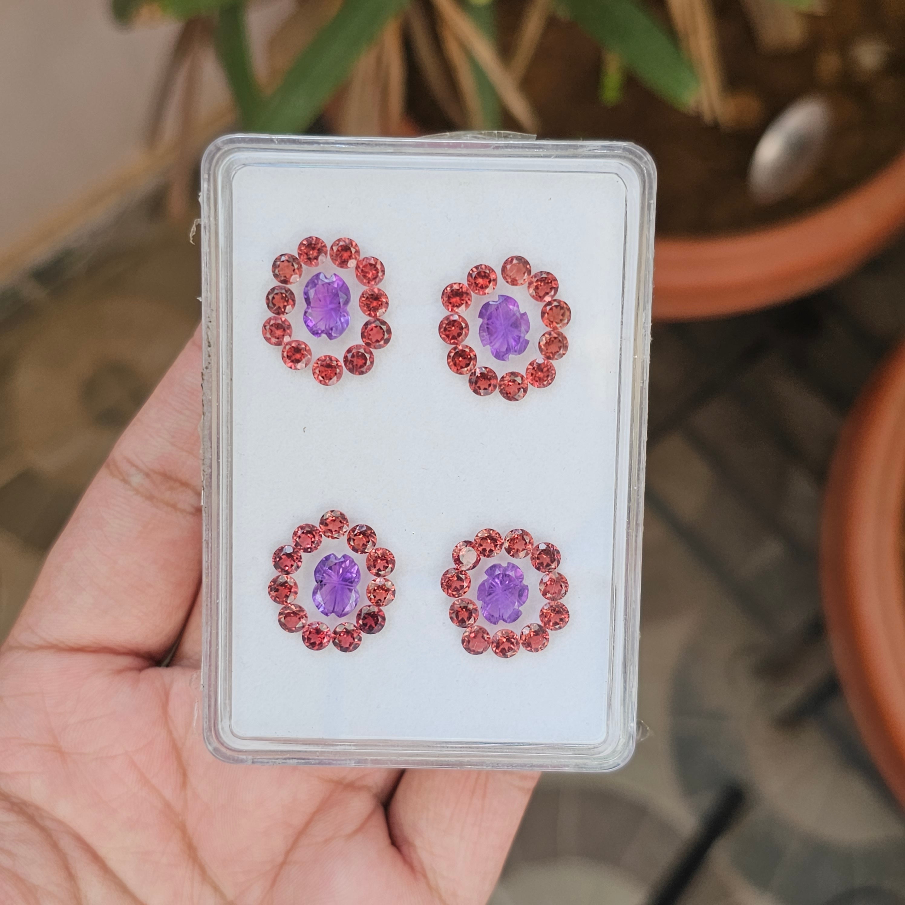48 Pcs Natural Amethyst And Garnet Flower Carved Gemstone Shape: Round & Oval| Size: 4-9mm - The LabradoriteKing