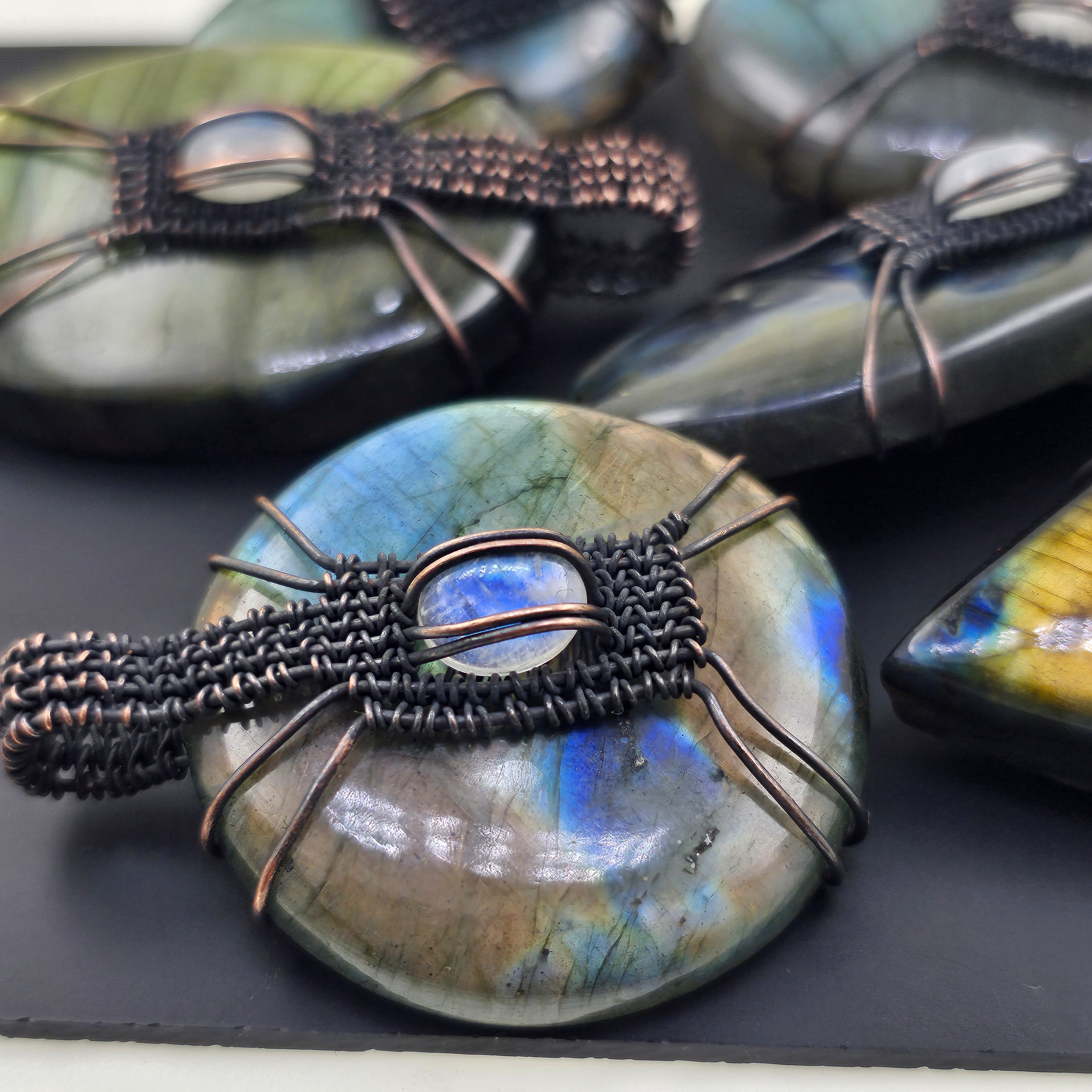 6 Pcs Of Labradorite and Moonstone Wirewrapped Pendant - The LabradoriteKing