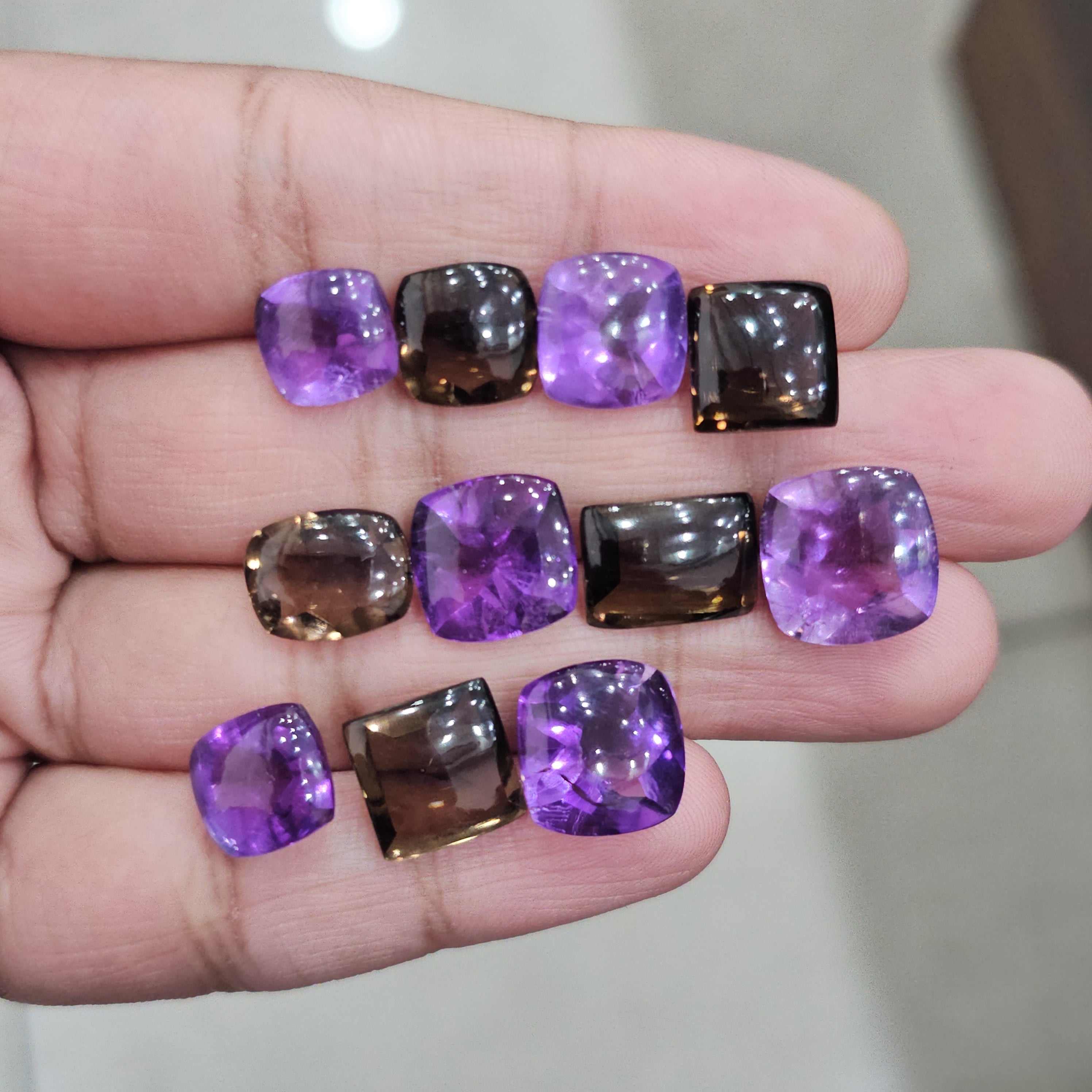 15 Pcs of Buff Top Cut Amethyst and Smoky Quartz | 10mm to 16mm - The LabradoriteKing