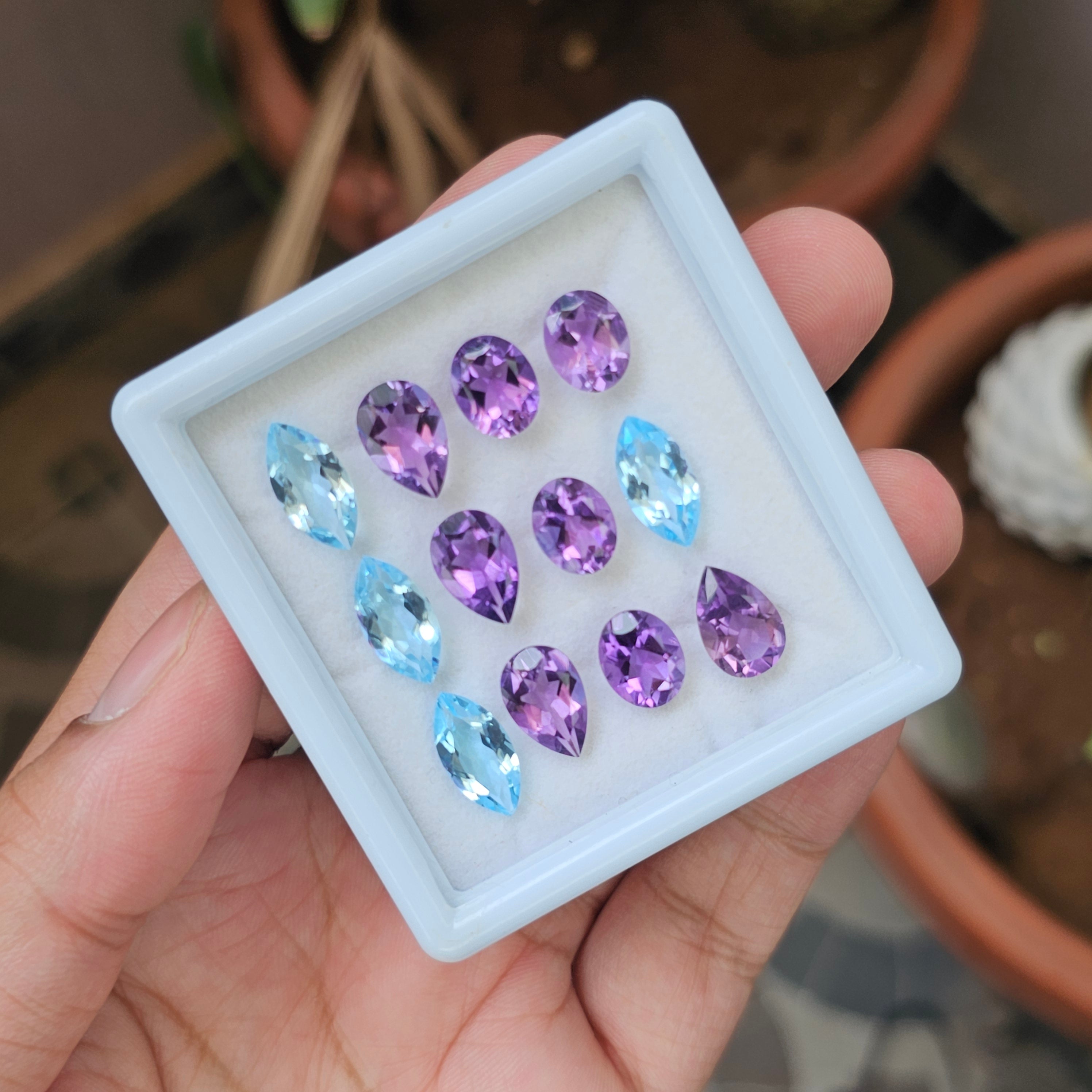 12 Pcs Of Natural Blue Topaz & Amethyst Faceted | Mix Shape | Size: 10-14mm - The LabradoriteKing