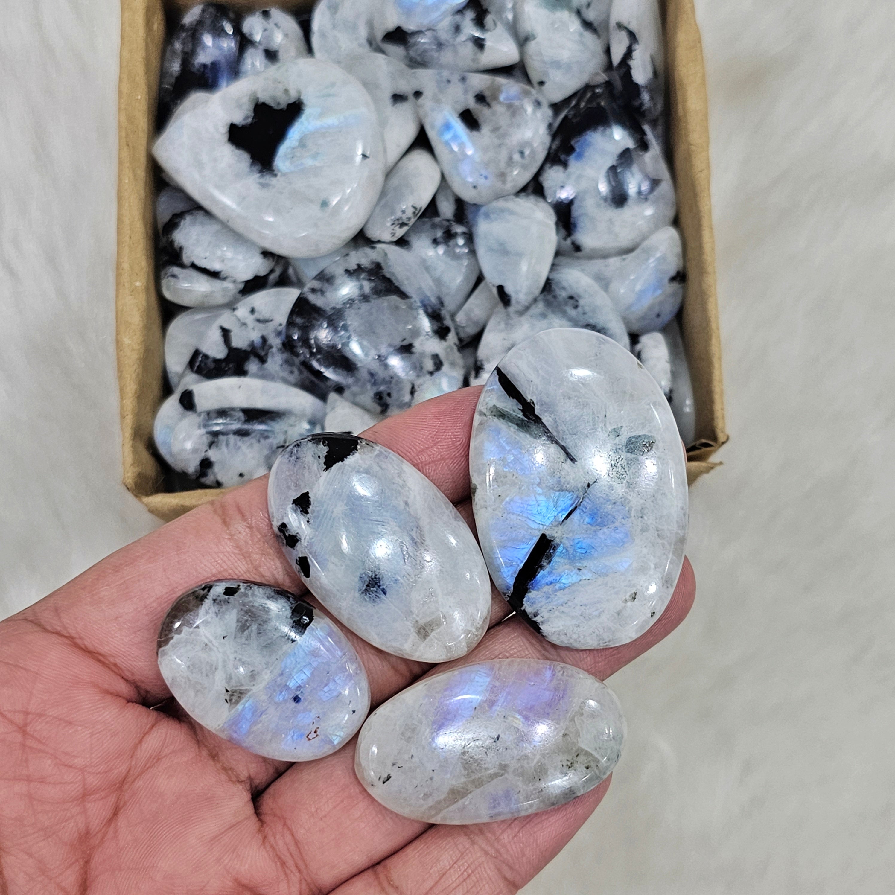 500Gram/ 1KG of Rainbow Moonstone with black Tourmaline Cabochon | Blue Flashs | 1" to 2" Inches | 90-110Pcs - The LabradoriteKing