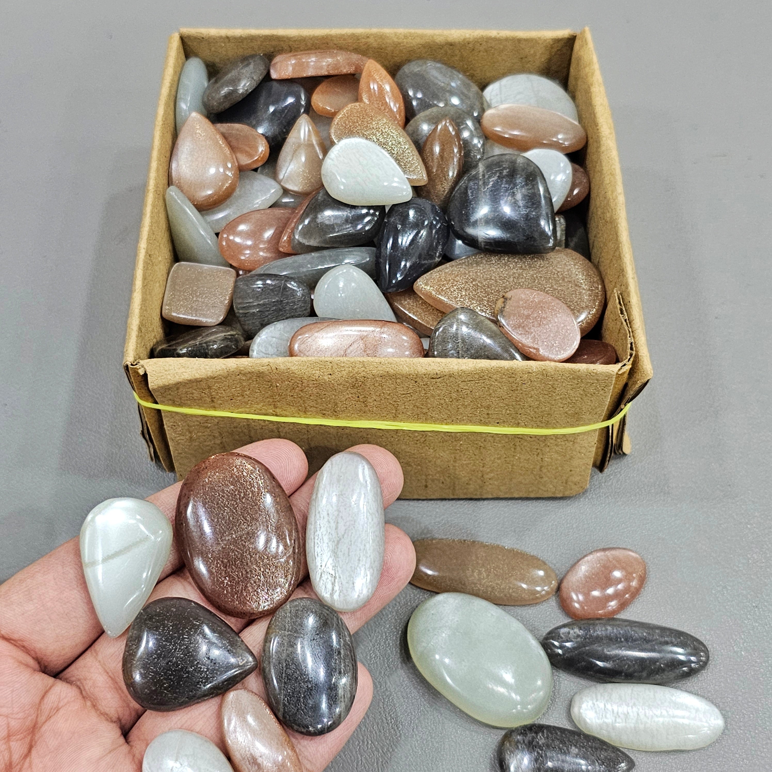 250 Gram/500 Gram of Peach, Gray & Black Moonstones with Flash Cabochon | 1" to 2" Inches | 40-60Pcs - The LabradoriteKing