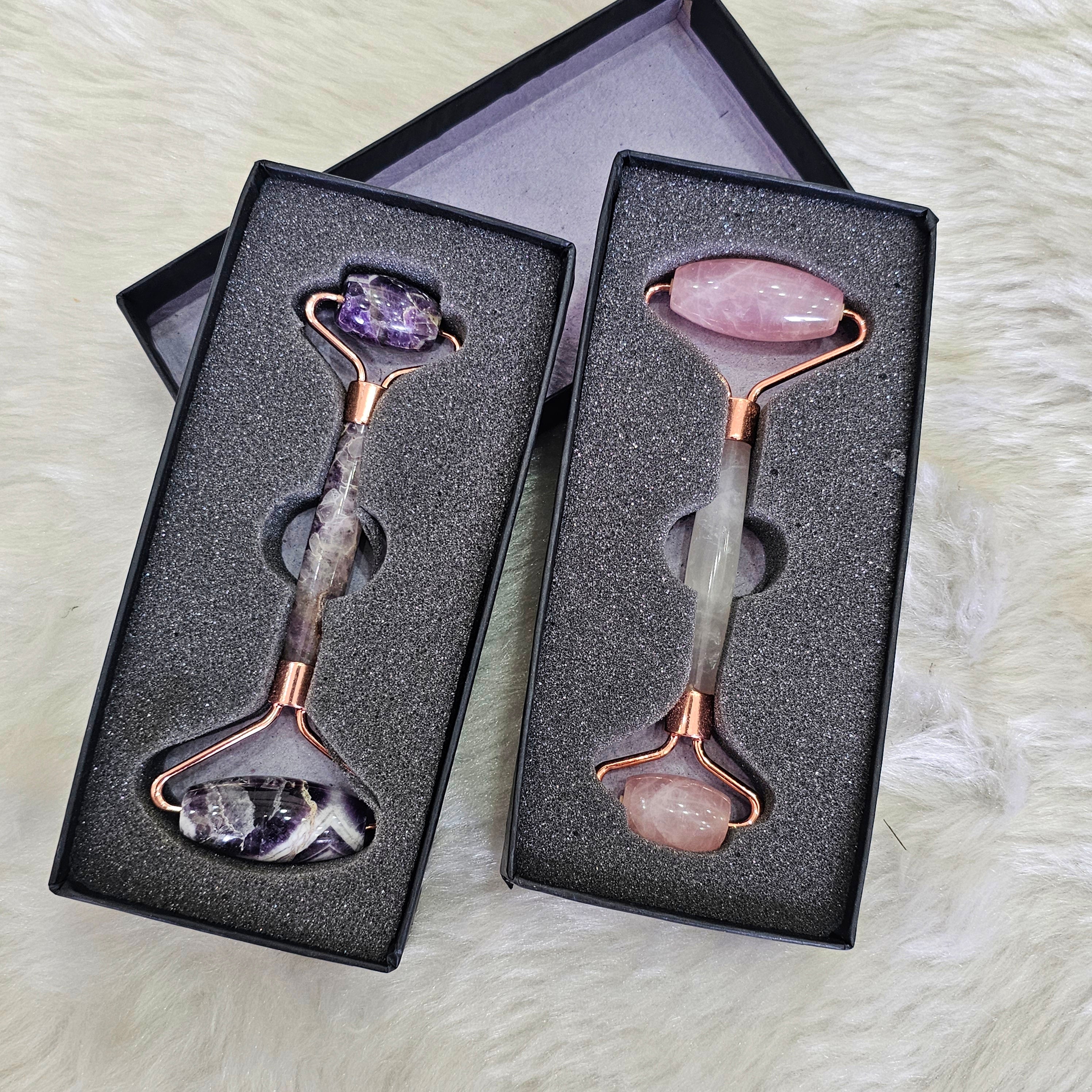 Rose Quartz & Amethyst Facial Roller Set – Dual Crystal Beauty Tools with Luxe Gift Box - The LabradoriteKing