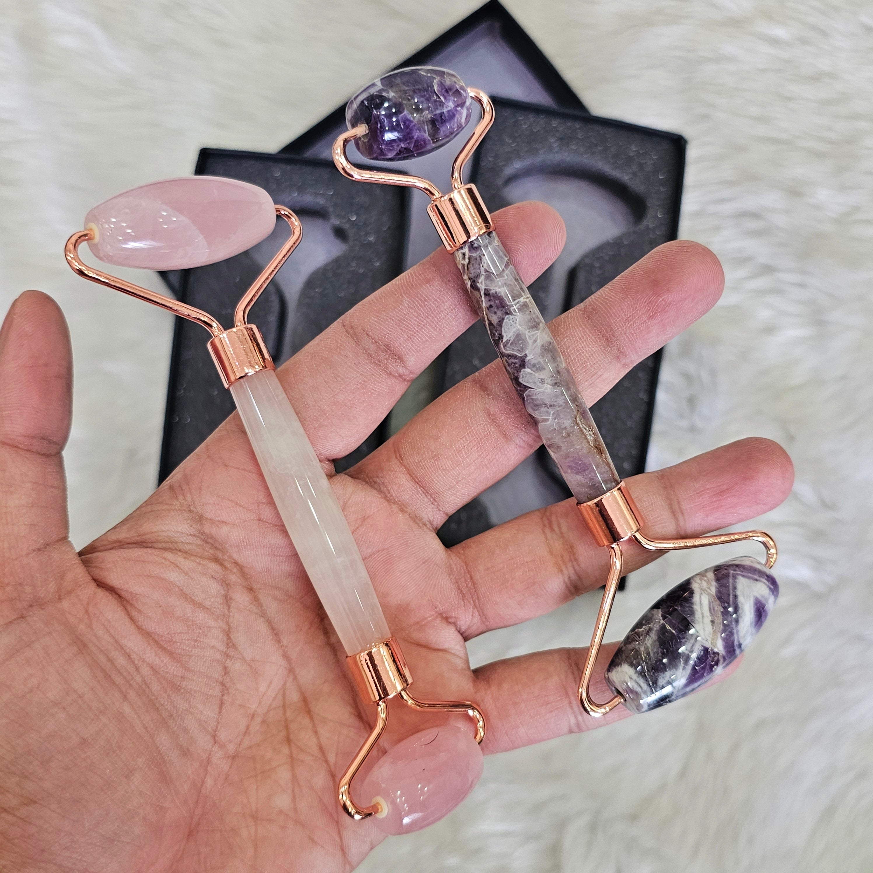 Rose Quartz & Amethyst Facial Roller Set – Dual Crystal Beauty Tools with Luxe Gift Box - The LabradoriteKing