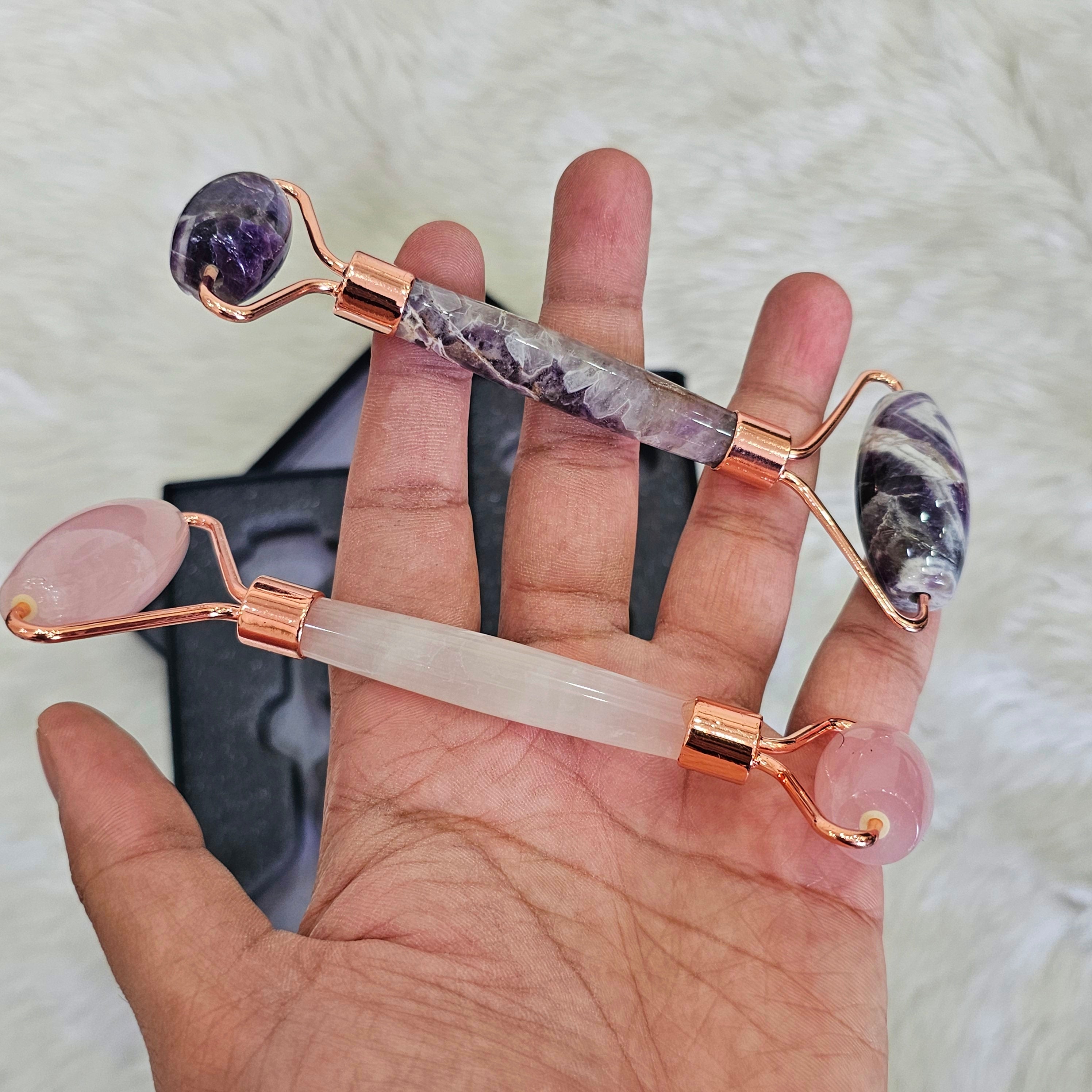 Rose Quartz & Amethyst Facial Roller Set – Dual Crystal Beauty Tools with Luxe Gift Box - The LabradoriteKing