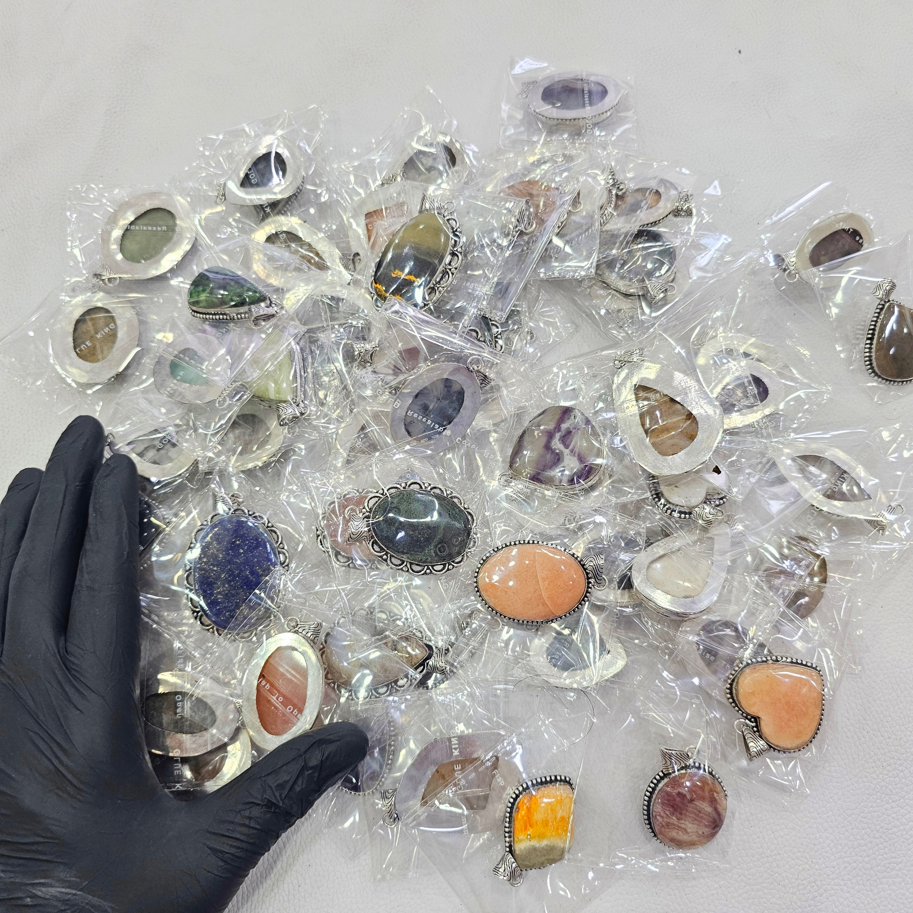 25 Pcs Random pick Gemstone Pendants | Silver Plated | Mixed Stones | 35–50mm - The LabradoriteKing