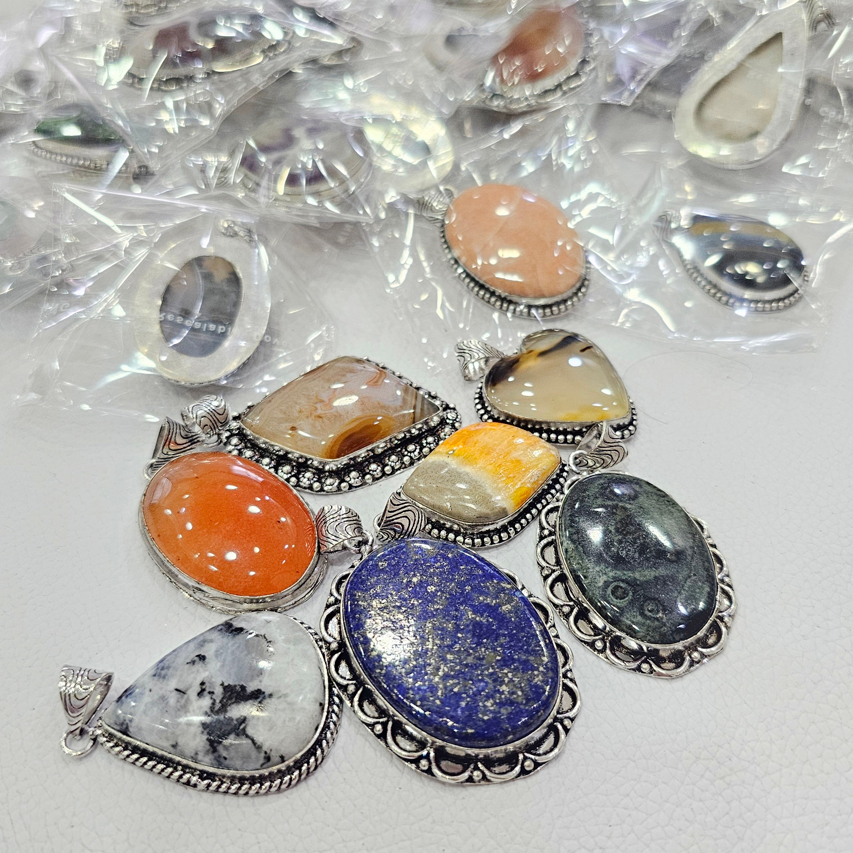 25 Pcs Random pick Gemstone Pendants | Silver Plated | Mixed Stones | 35–50mm - The LabradoriteKing