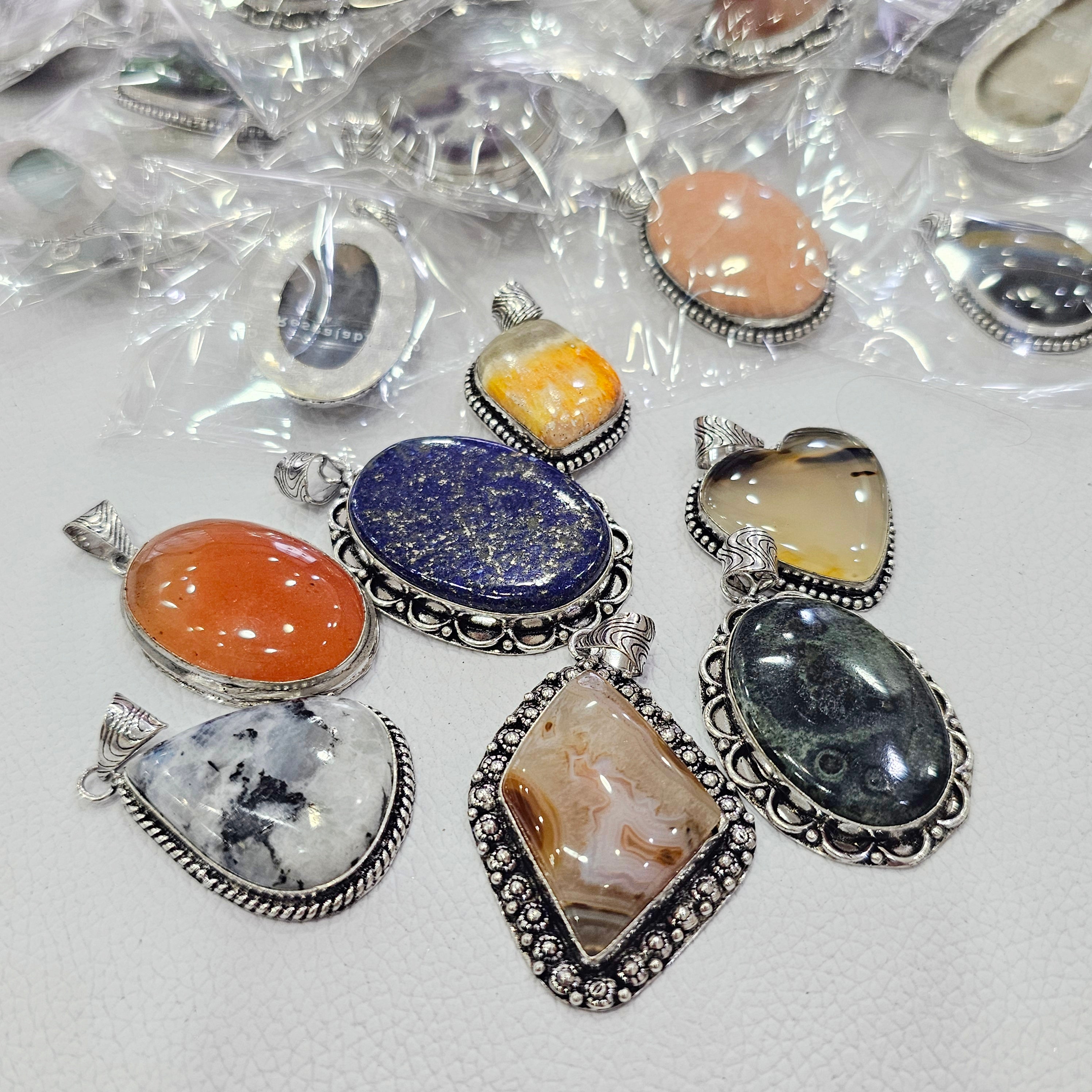 25 Pcs Random pick Gemstone Pendants | Silver Plated | Mixed Stones | 35–50mm - The LabradoriteKing