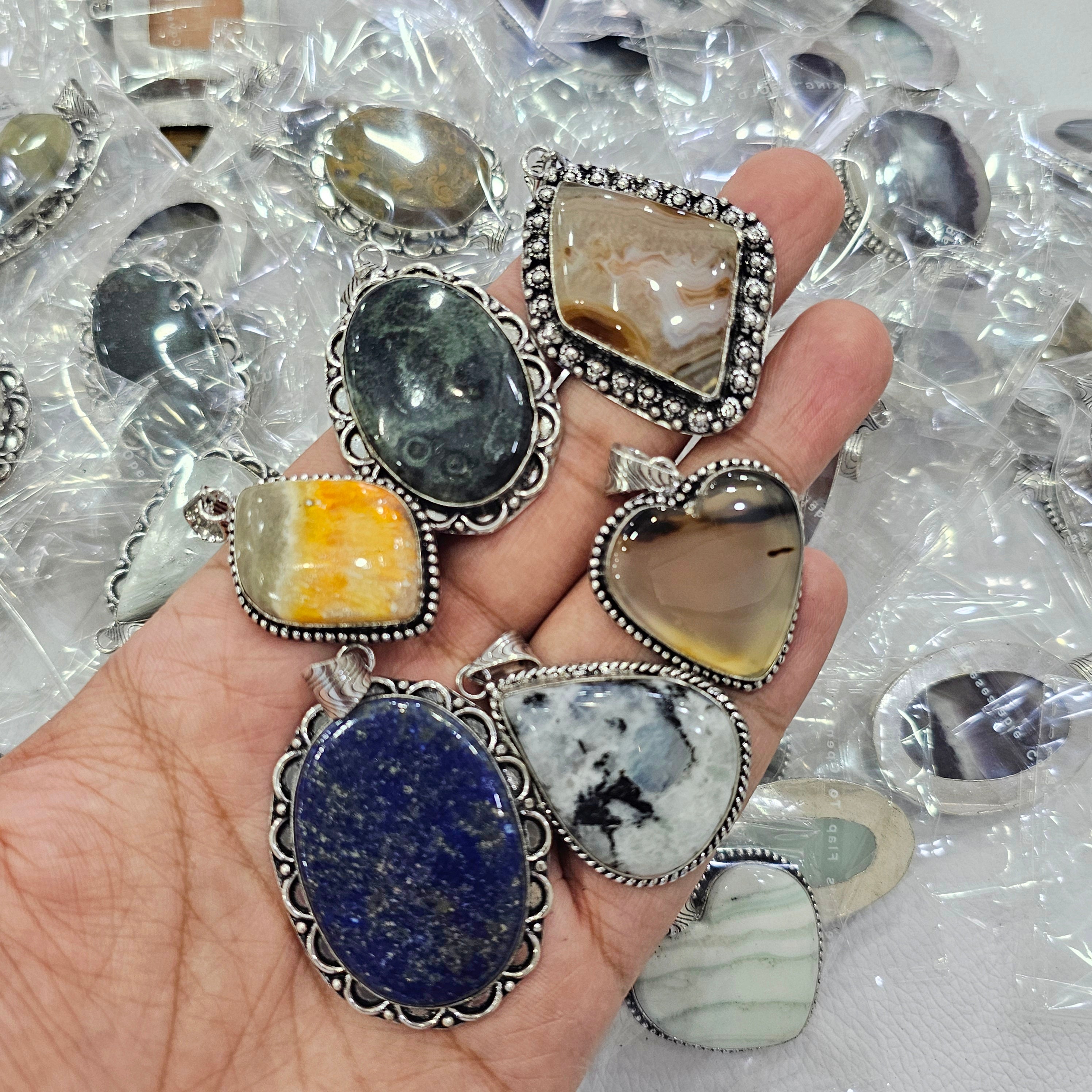 25 Pcs Random pick Gemstone Pendants | Silver Plated | Mixed Stones | 35–50mm - The LabradoriteKing
