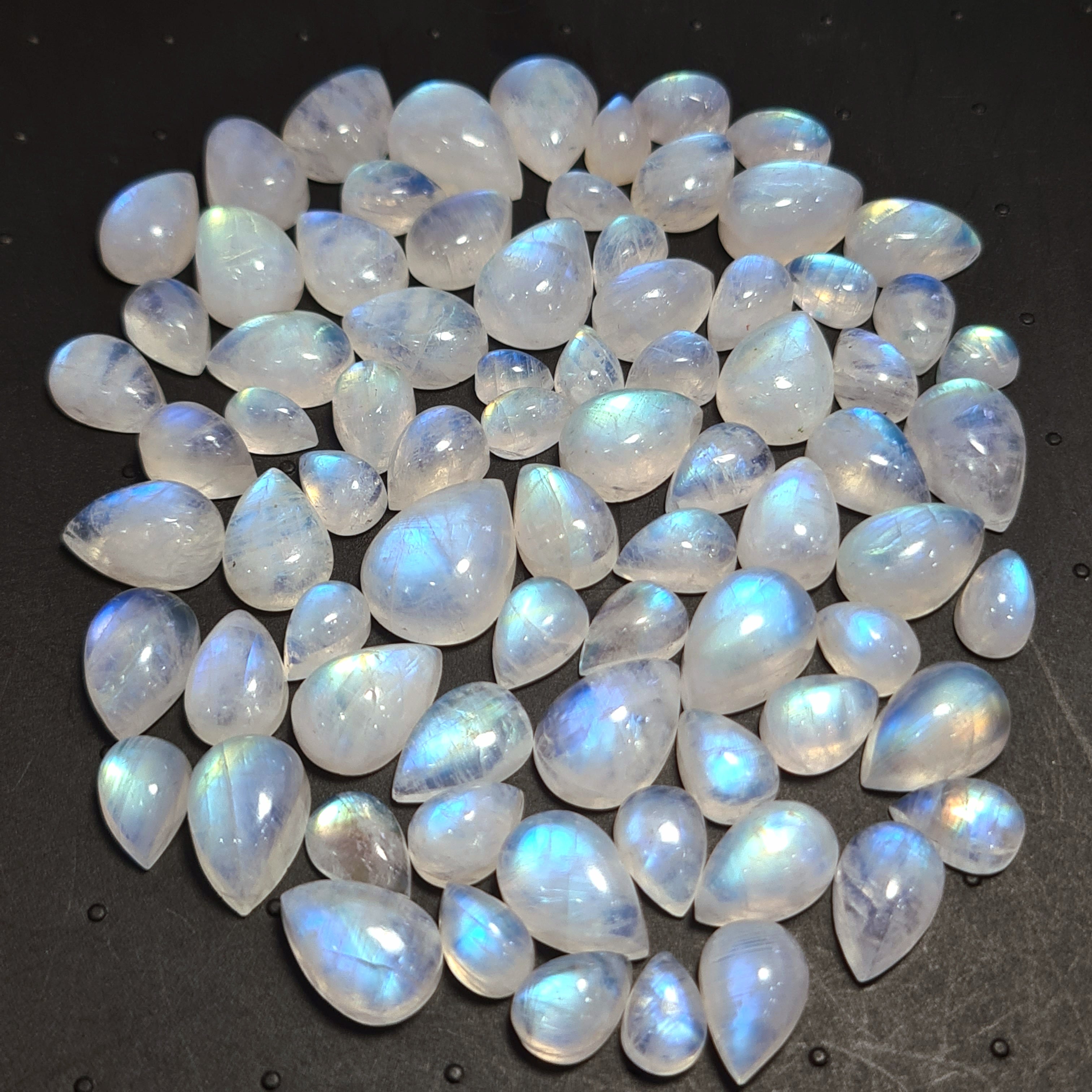 77 Pcs Natural Moonstone Cabochon | Shape: Pear | Size: 8-16mm - The LabradoriteKing