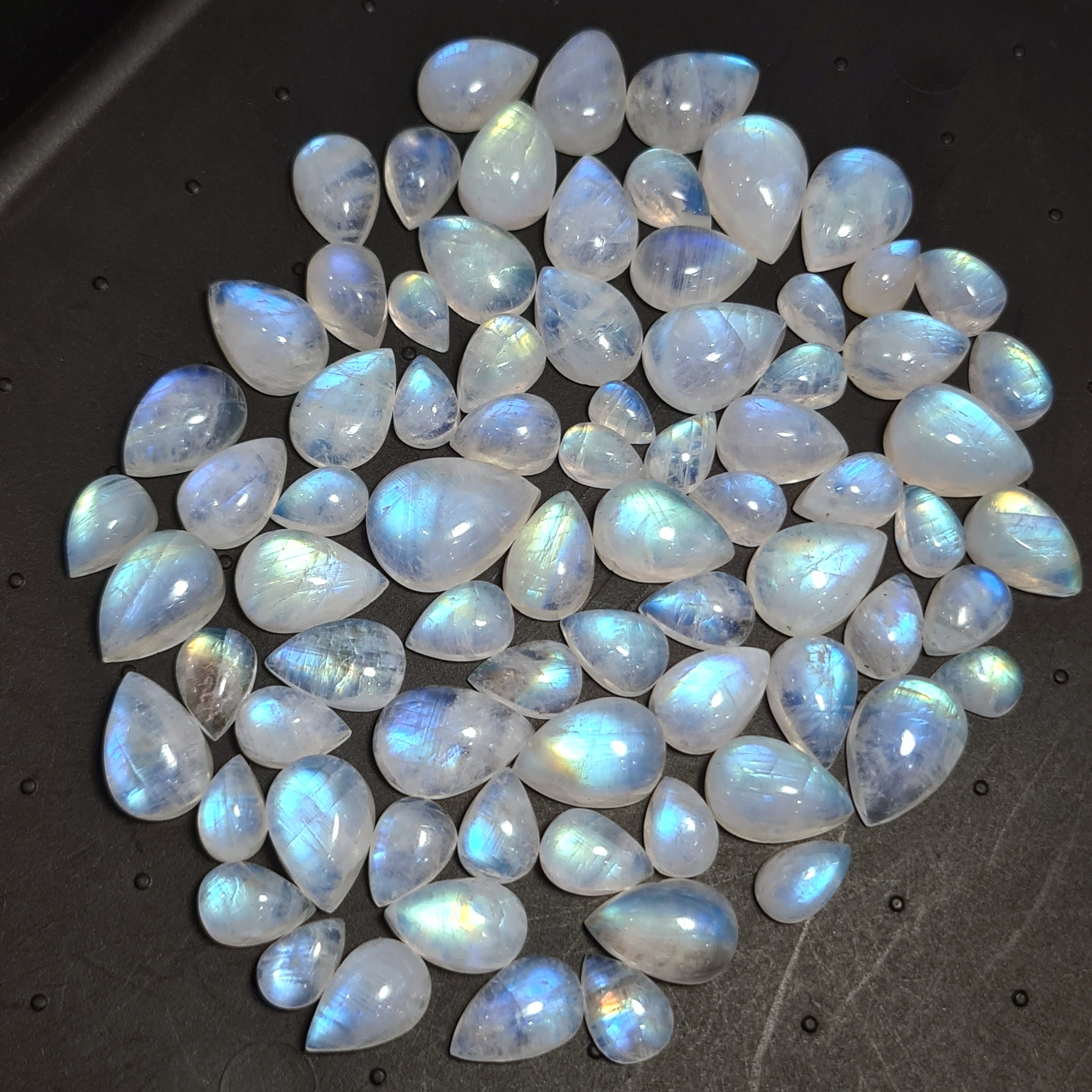 77 Pcs Natural Moonstone Cabochon | Shape: Pear | Size: 8-16mm - The LabradoriteKing