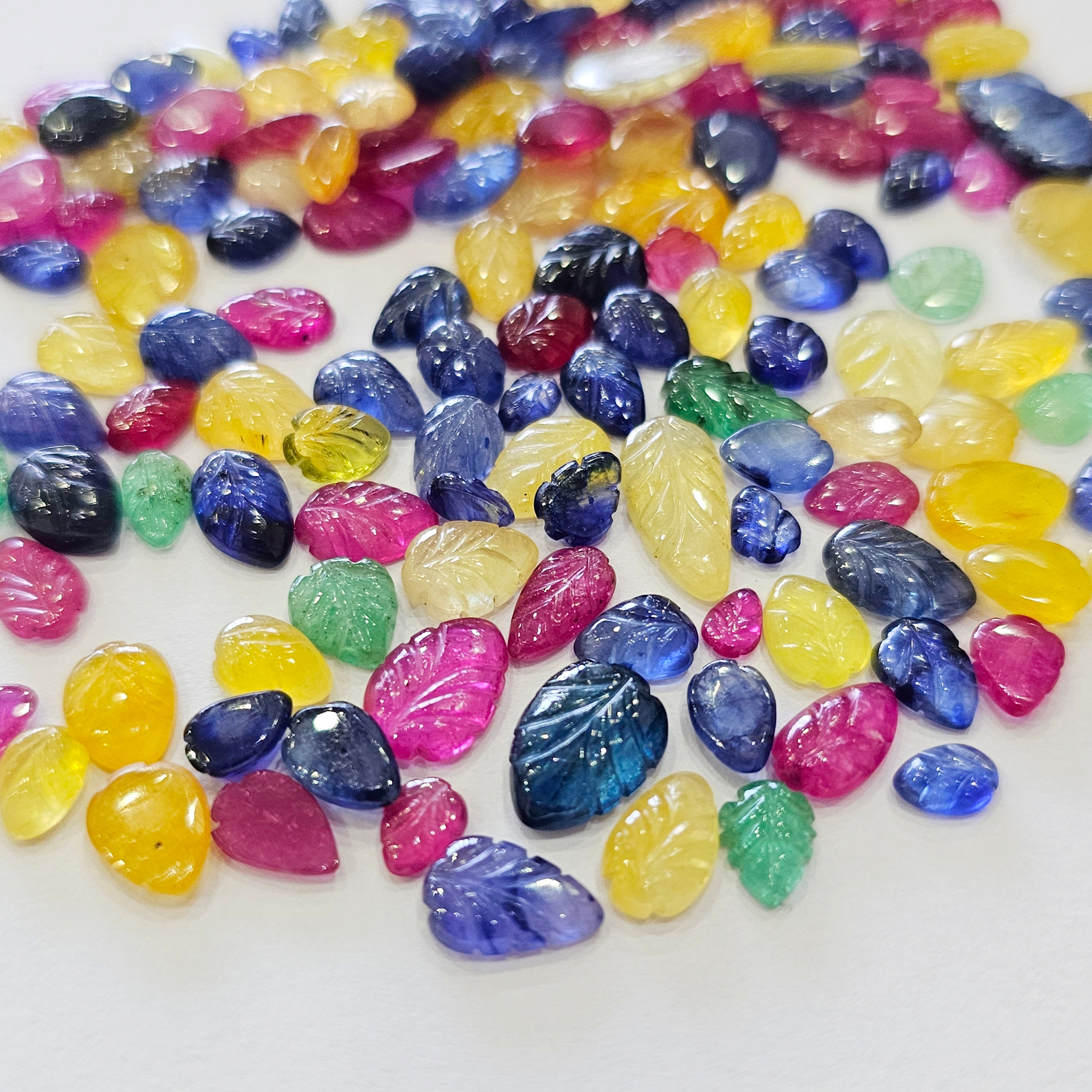Week1: 20 Pcs Natural Precious Leaf Carved Gemstones | 7ā10mm | Emerald, Ruby and Sapphire