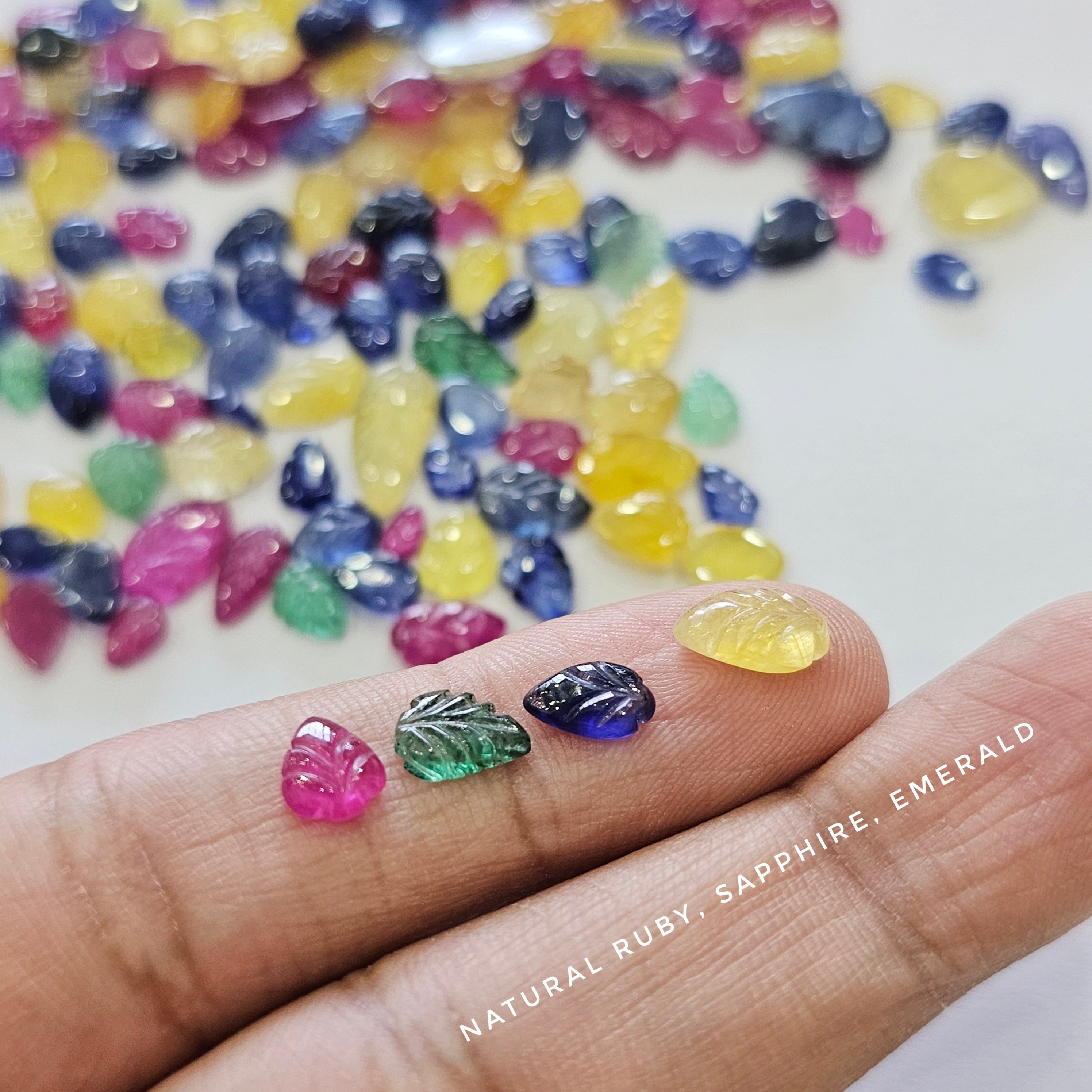 Week1: 20 Pcs Natural Precious Leaf Carved Gemstones | 7ā10mm | Emerald, Ruby and Sapphire