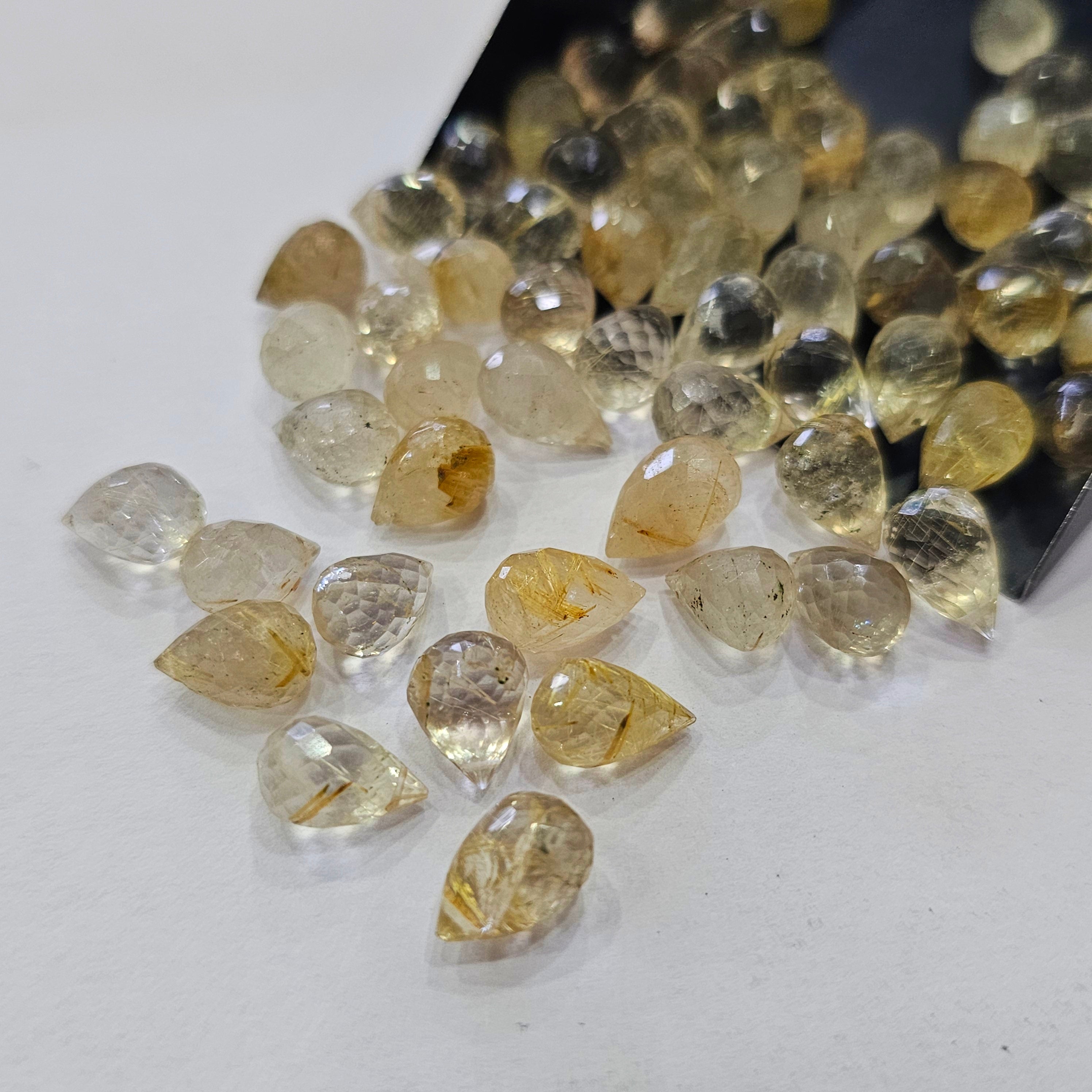 Week2: 40 Pcs Golden Rutile Faceted Drops | 8–10mm | Side-Drilled