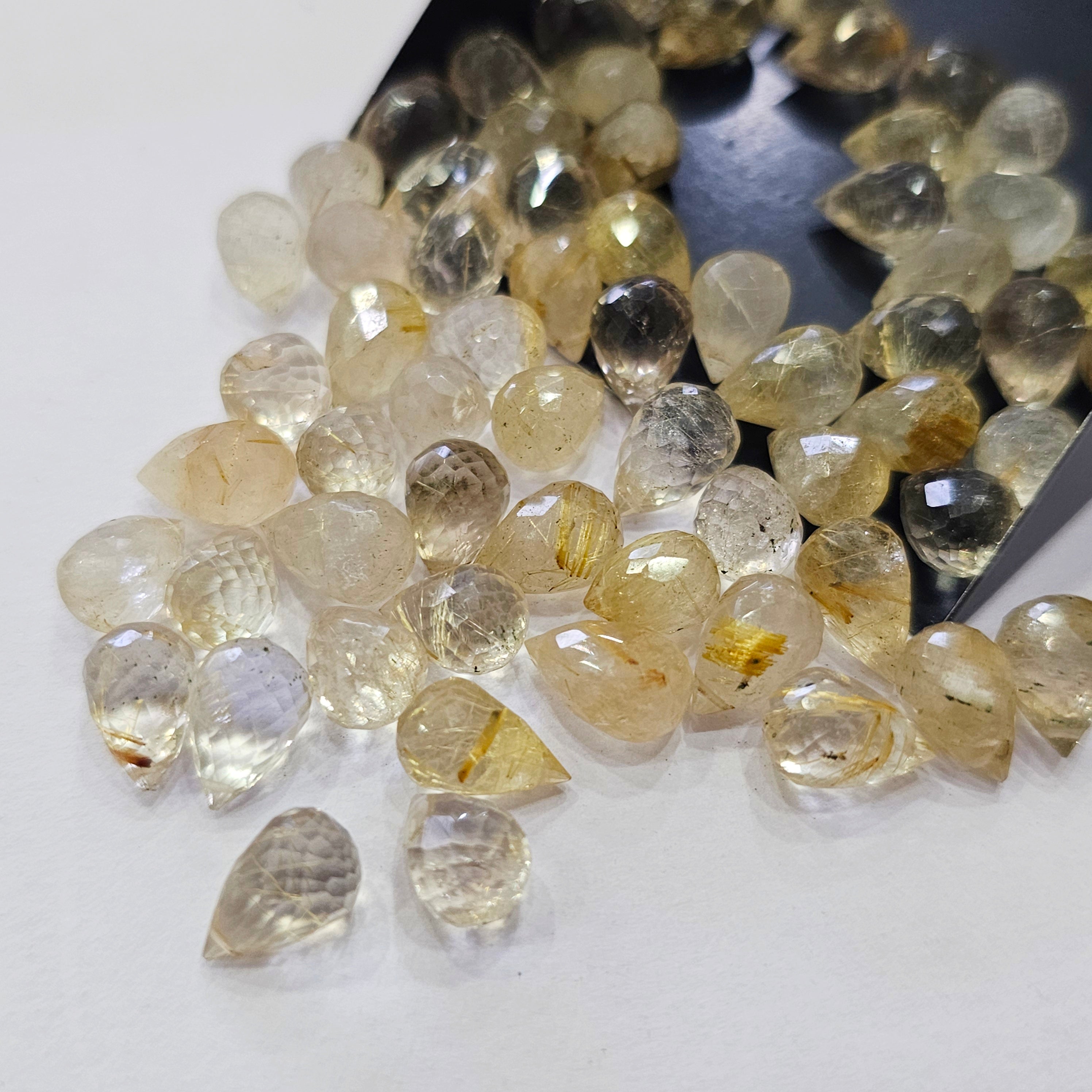 Week2: 40 Pcs Golden Rutile Faceted Drops | 8–10mm | Side-Drilled