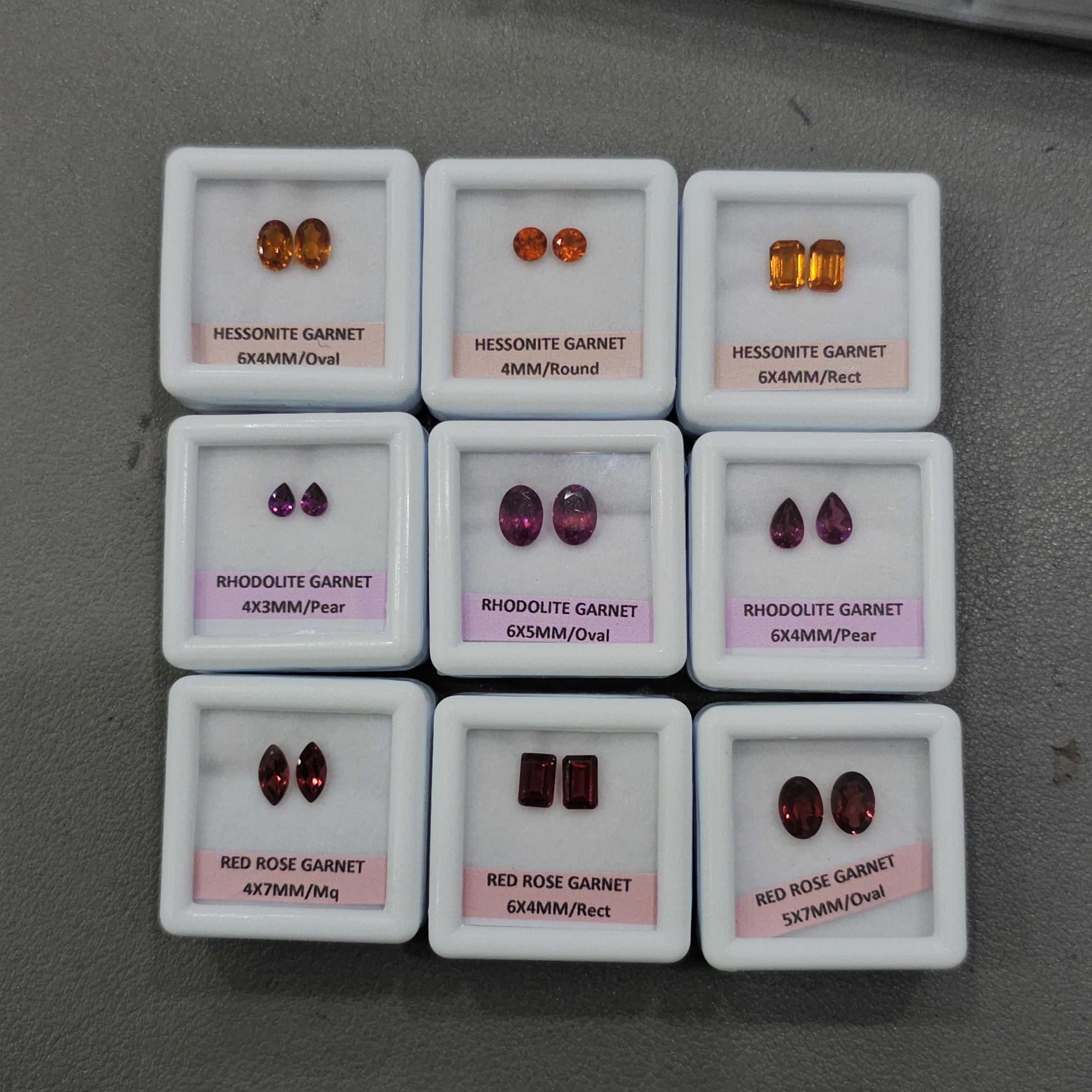 9 Pairs Natural Garnets Set | Red Rose, Hessonite & Rhodolite | 4–7mm | Faceted | With Boxes