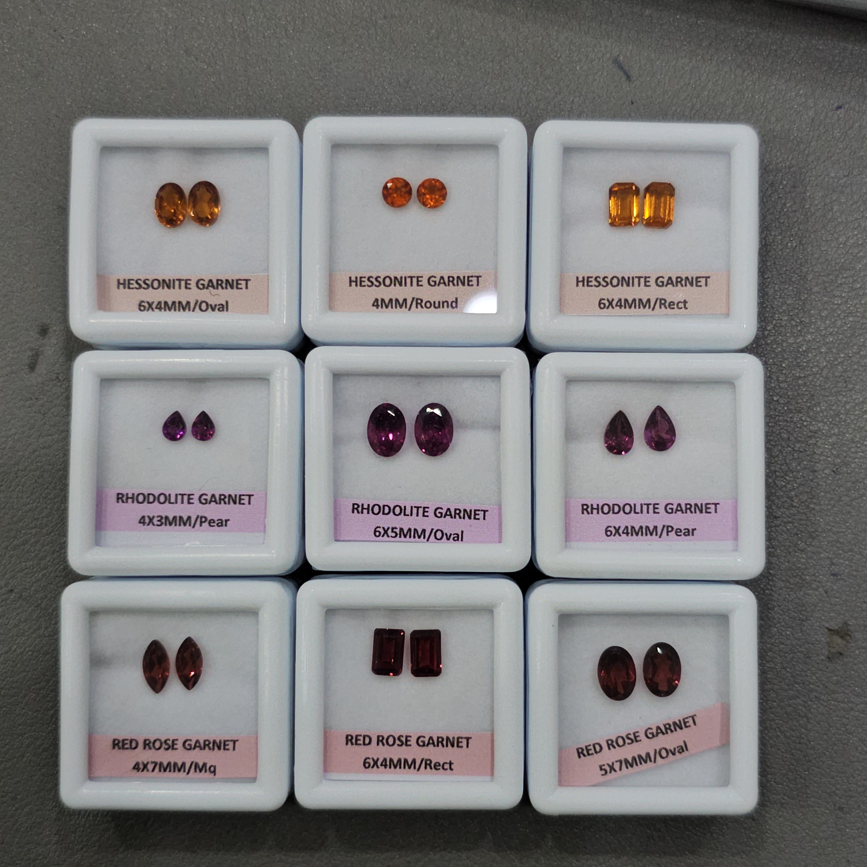 9 Pairs Natural Garnets Set | Red Rose, Hessonite & Rhodolite | 4–7mm | Faceted | With Boxes