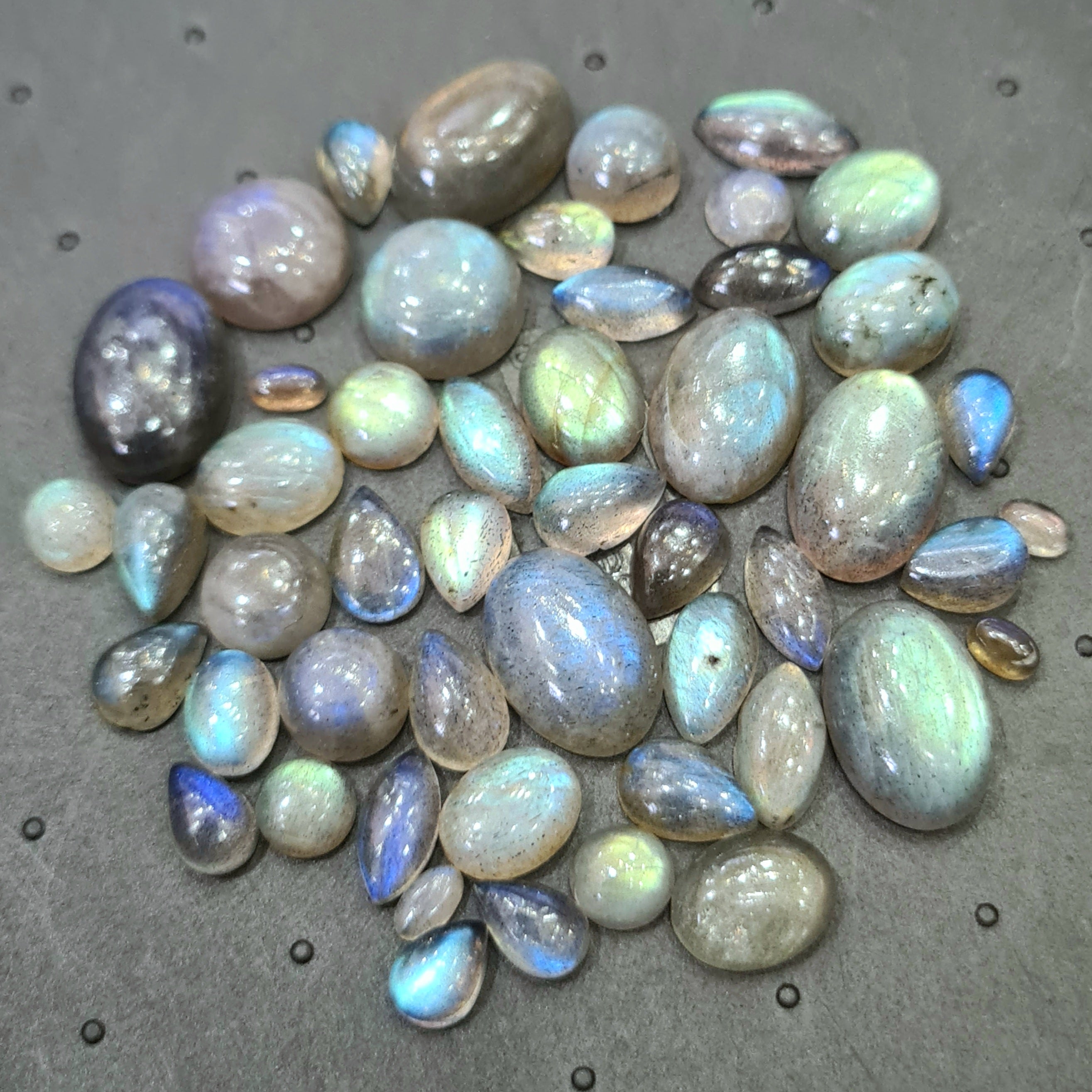 50 Pcs Natural Labradorite Cabochons | 5-14mm | Shape: Oval Pear Round And Marquise - The LabradoriteKing