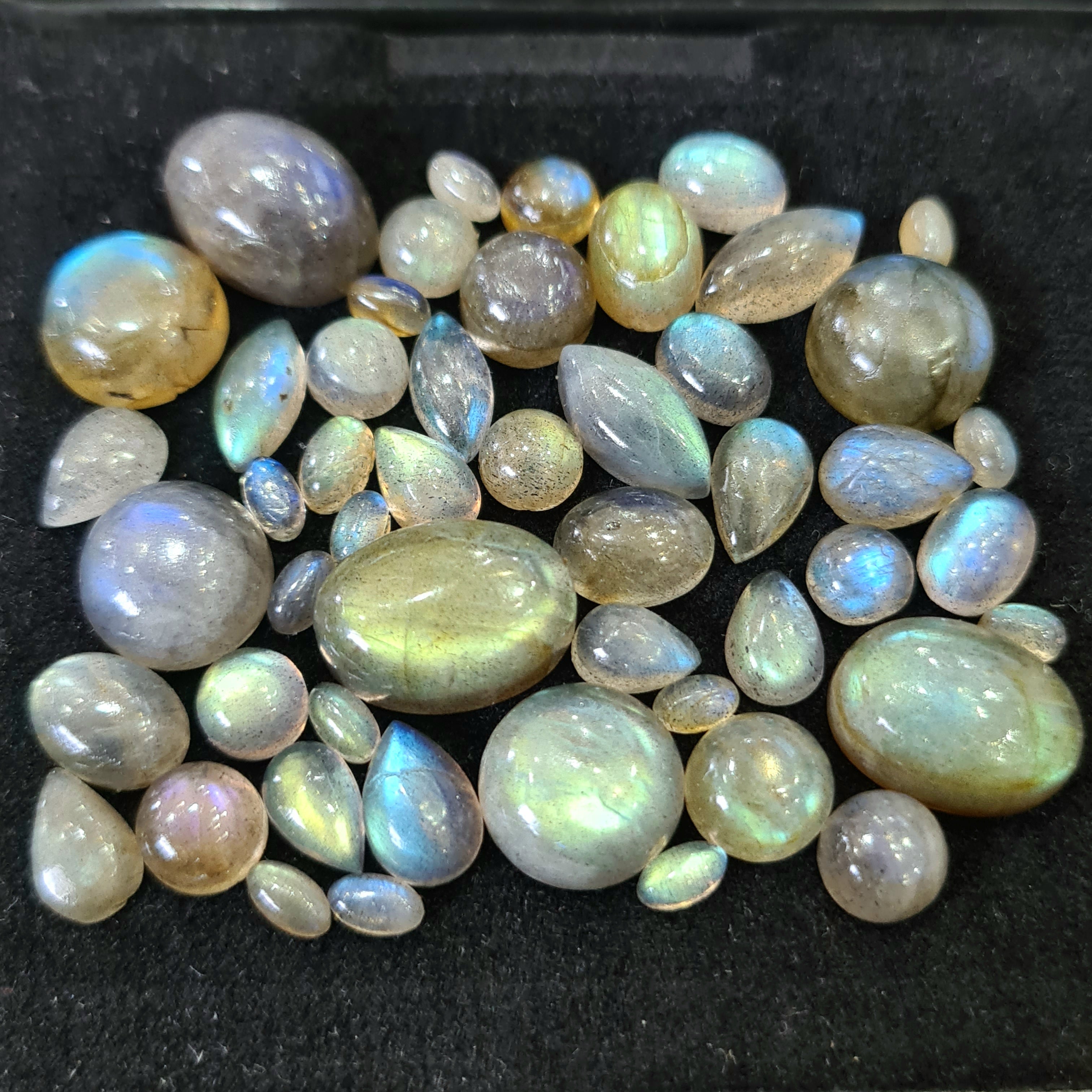 50 Pcs Natural Labradorite Cabochons | 5-14mm | Shape: Oval Pear Round And Marquise - The LabradoriteKing