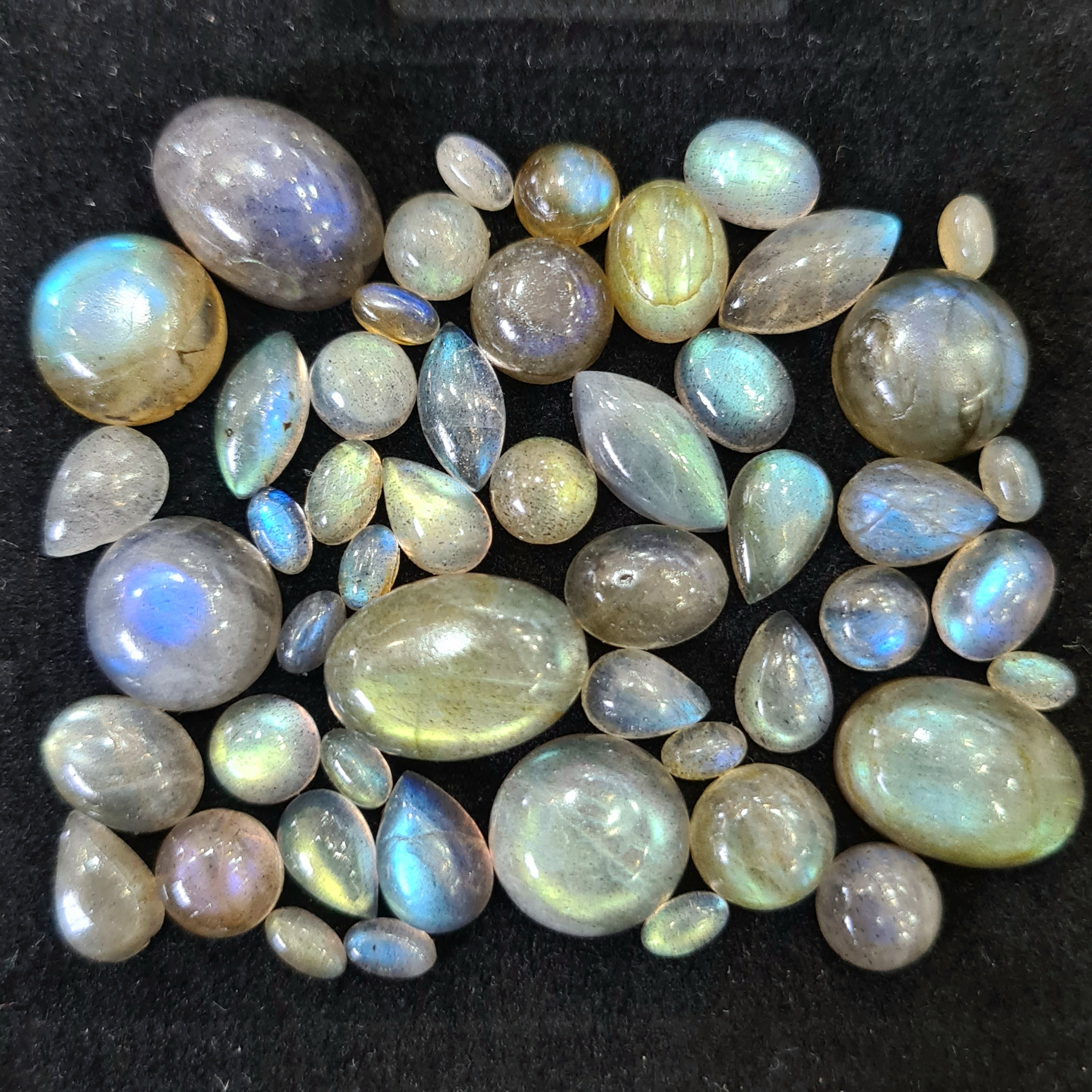 50 Pcs Natural Labradorite Cabochons | 5-14mm | Shape: Oval Pear Round And Marquise - The LabradoriteKing