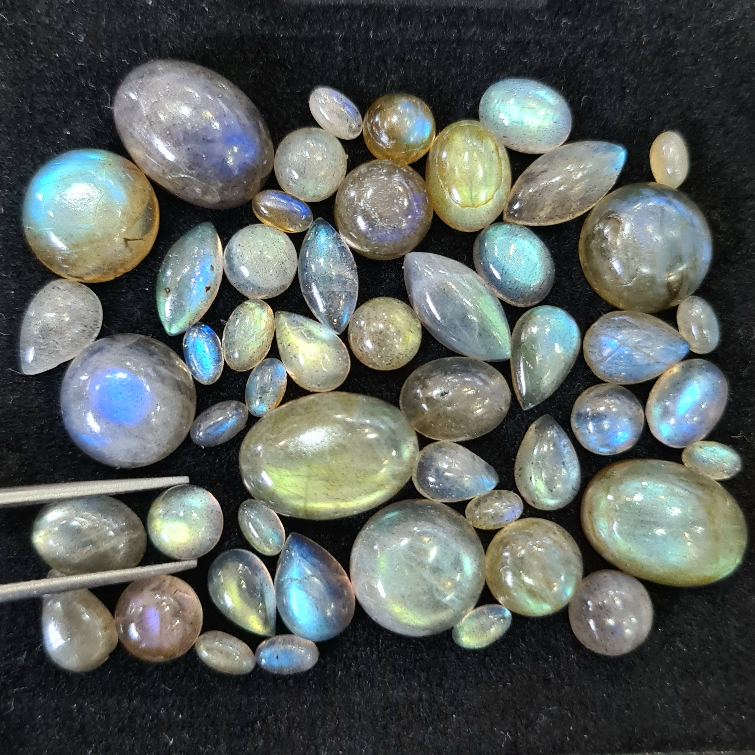 50 Pcs Natural Labradorite Cabochons | 5-14mm | Shape: Oval Pear Round And Marquise - The LabradoriteKing