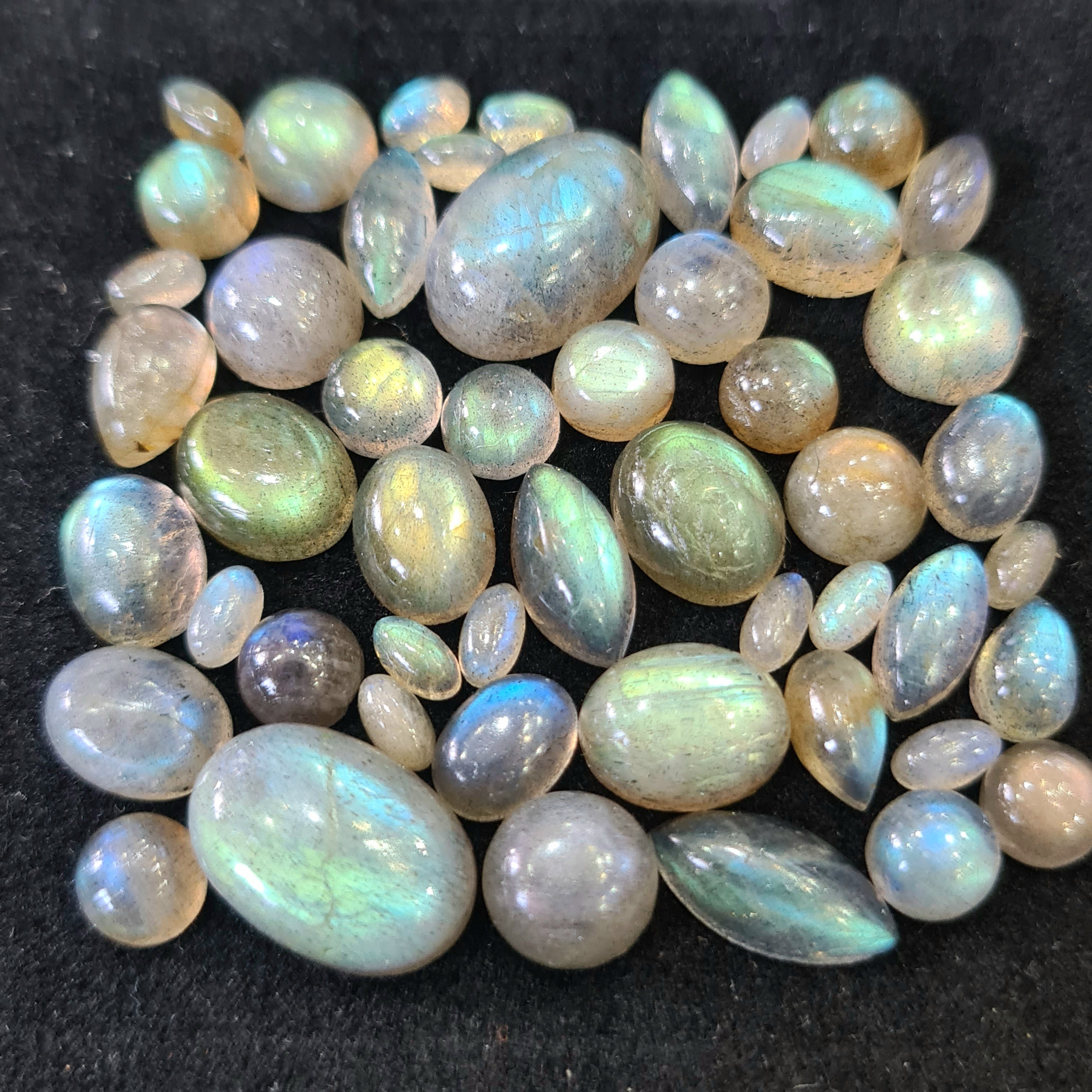 50 Pcs Natural Labradorite Cabochons | 5-14mm | Shape: Oval Pear Round And Marquise - The LabradoriteKing