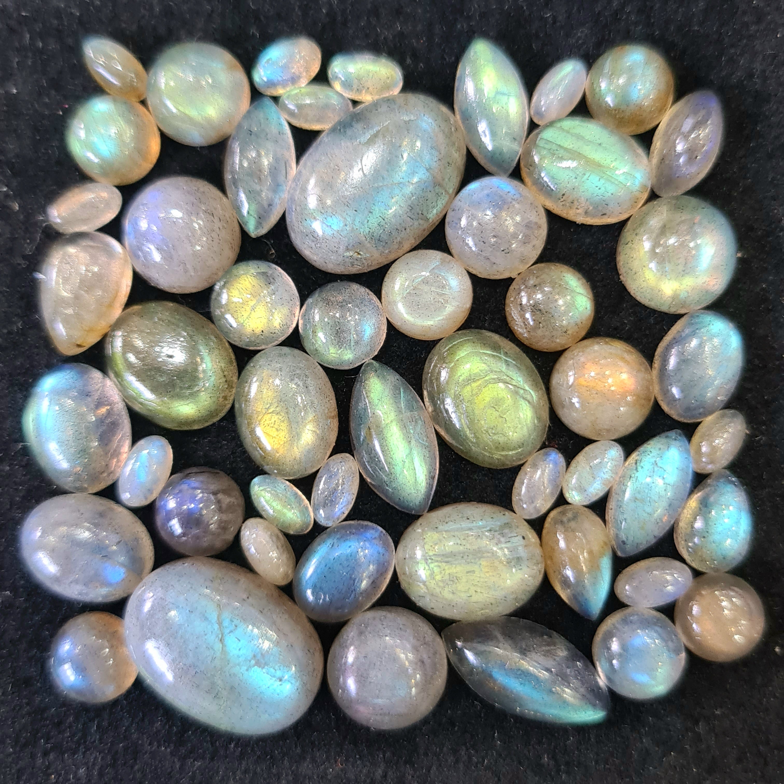 50 Pcs Natural Labradorite Cabochons | 5-14mm | Shape: Oval Pear Round And Marquise - The LabradoriteKing