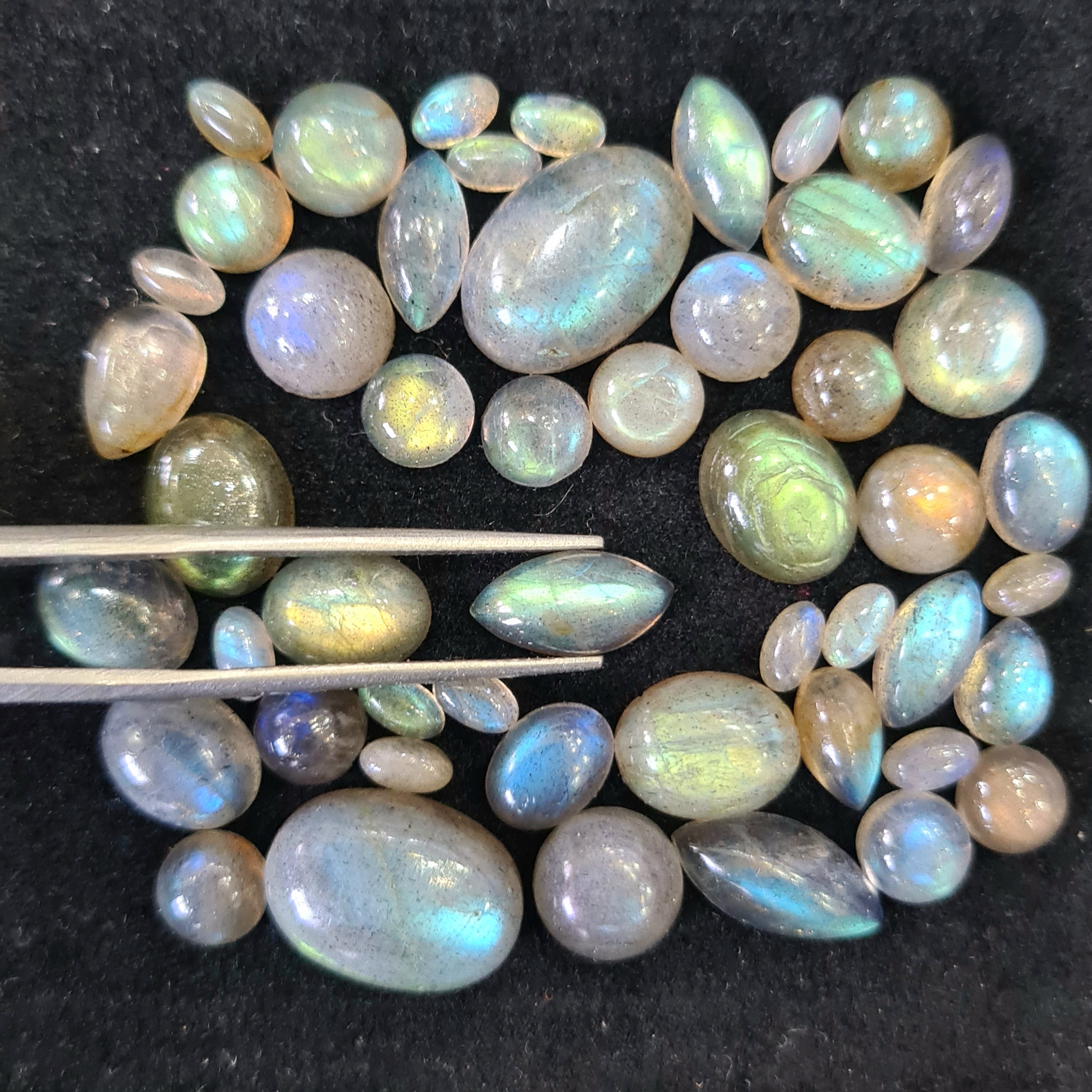50 Pcs Natural Labradorite Cabochons | 5-14mm | Shape: Oval Pear Round And Marquise - The LabradoriteKing