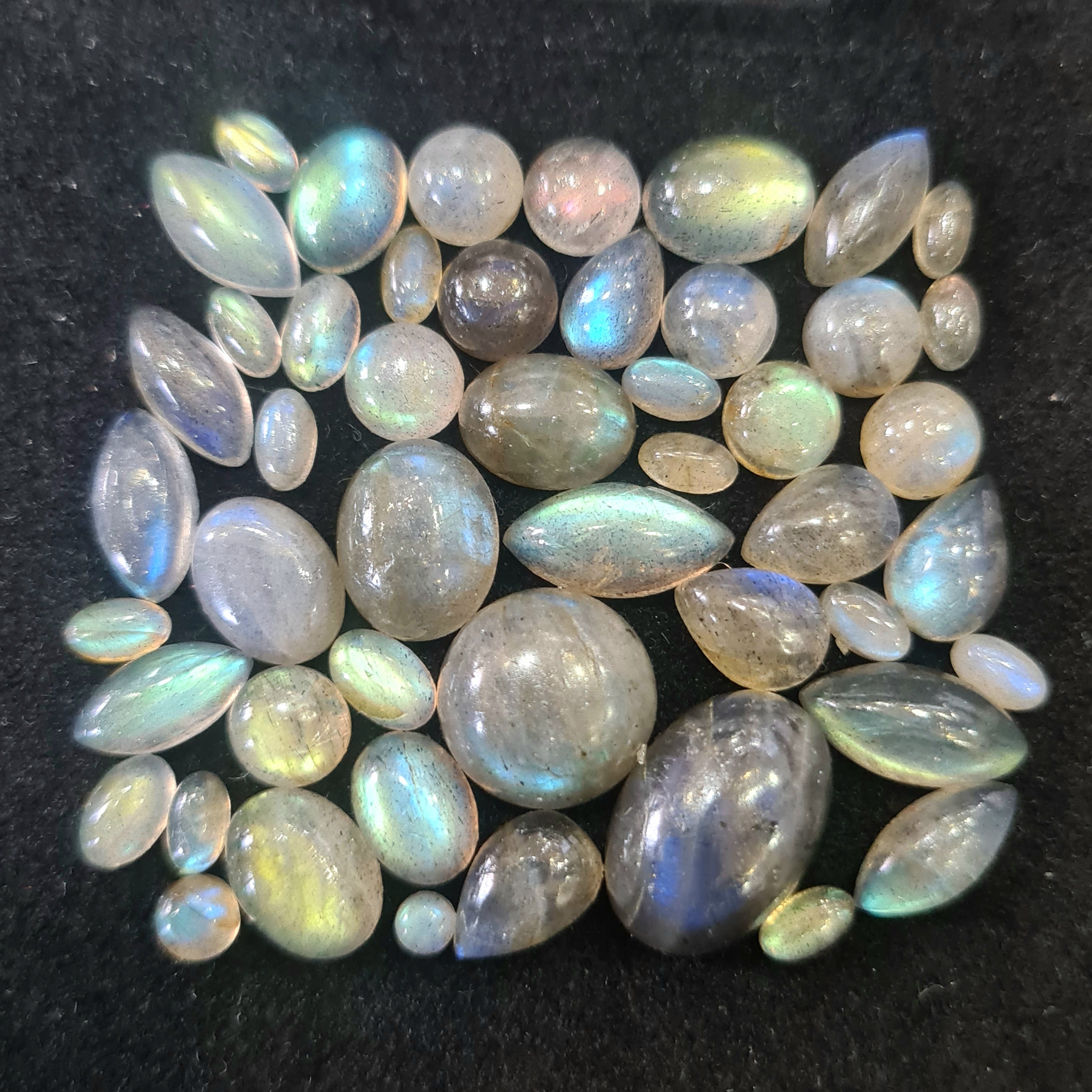 50 Pcs Natural Labradorite Cabochons | 5-14mm | Shape: Oval Pear Round And Marquise - The LabradoriteKing