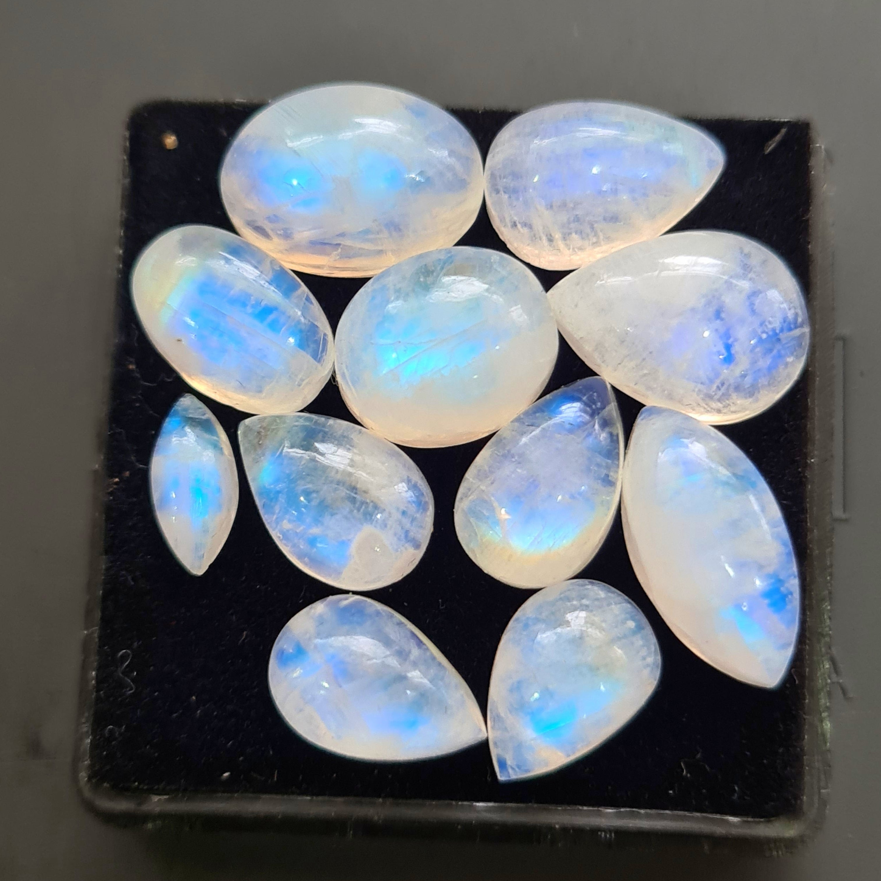 11 Pcs Natural Rainbow Moonstone Cabochons |10-16mm | Shape: Mix