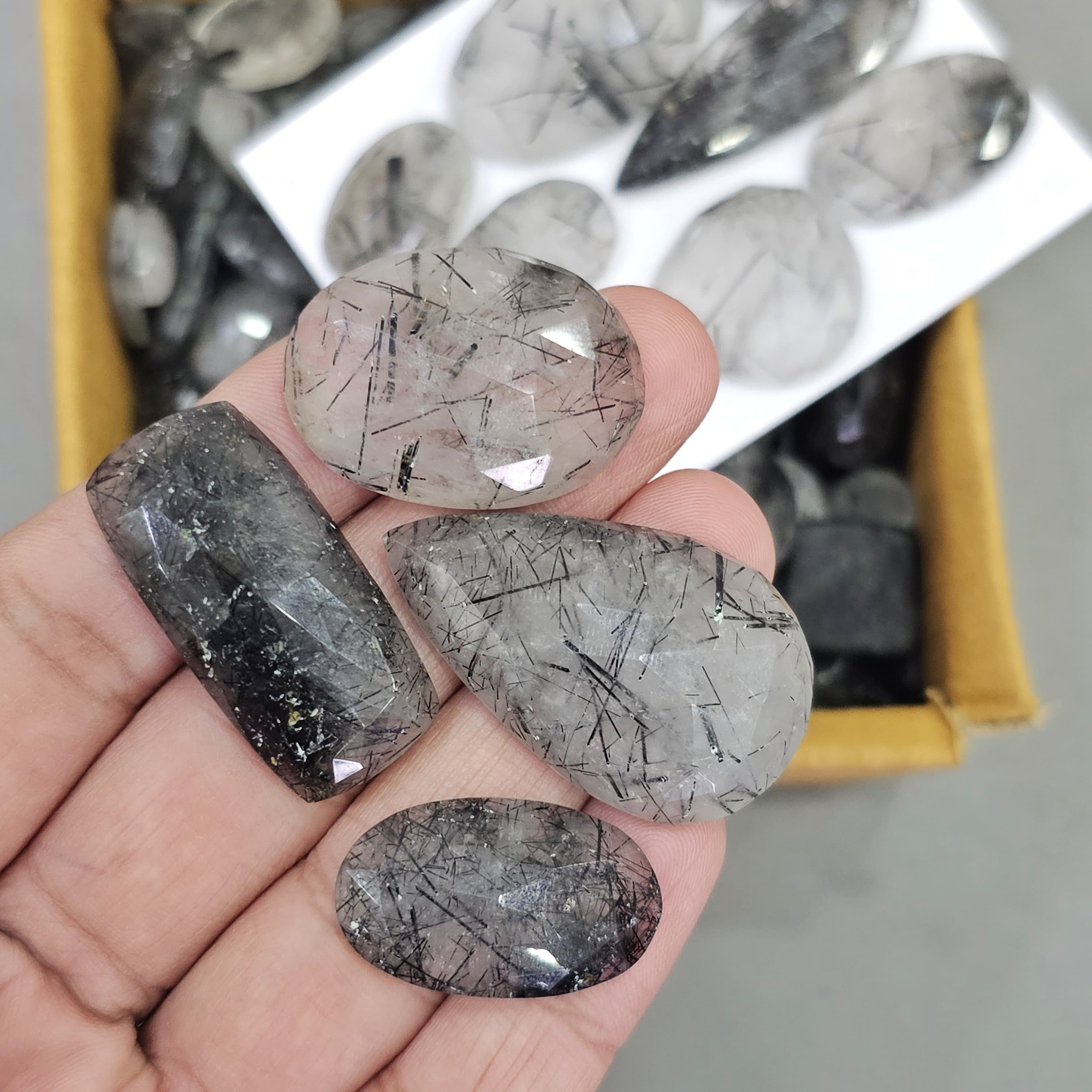 200 Grams of Faceted Black Rutile Quartz with Flat Backs Form Sri Lanka| 25 Pcs approx - The LabradoriteKing