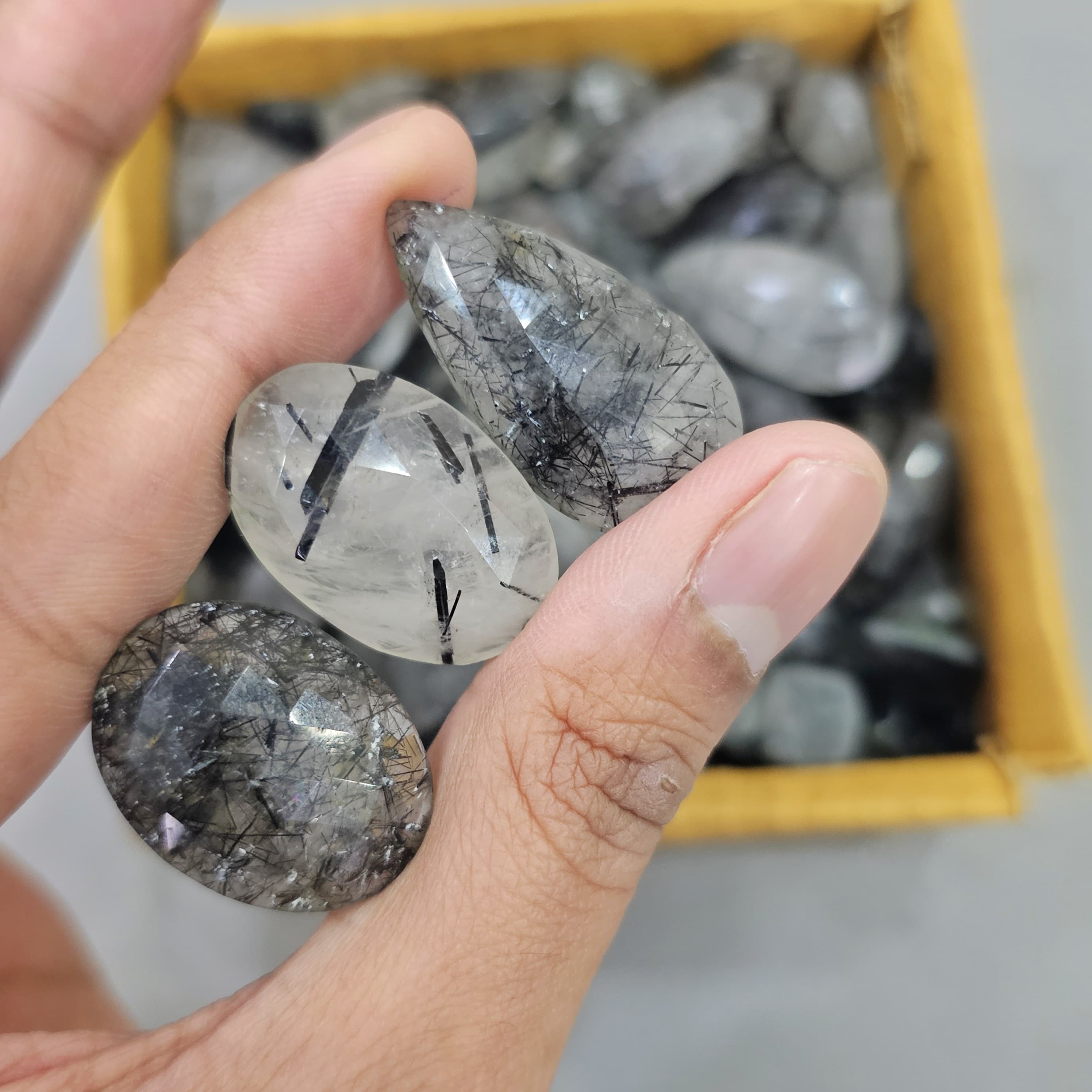 200 Grams of Faceted Black Rutile Quartz with Flat Backs Form Sri Lanka| 25 Pcs approx - The LabradoriteKing