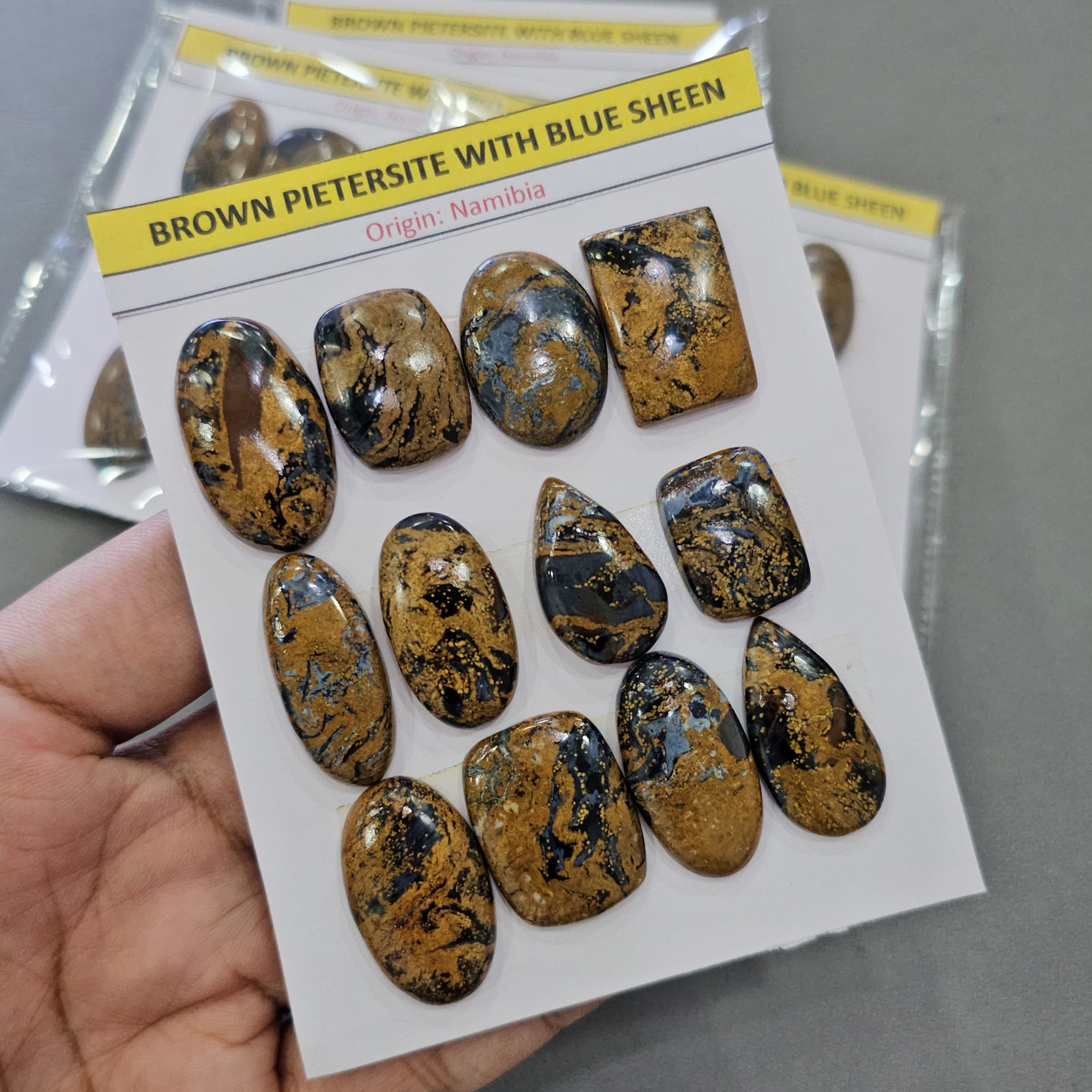 1 Card of Natural Brown Pietersite With Blue Sheen Cabochons | 17–30mm | Mixed Shapes - The LabradoriteKing