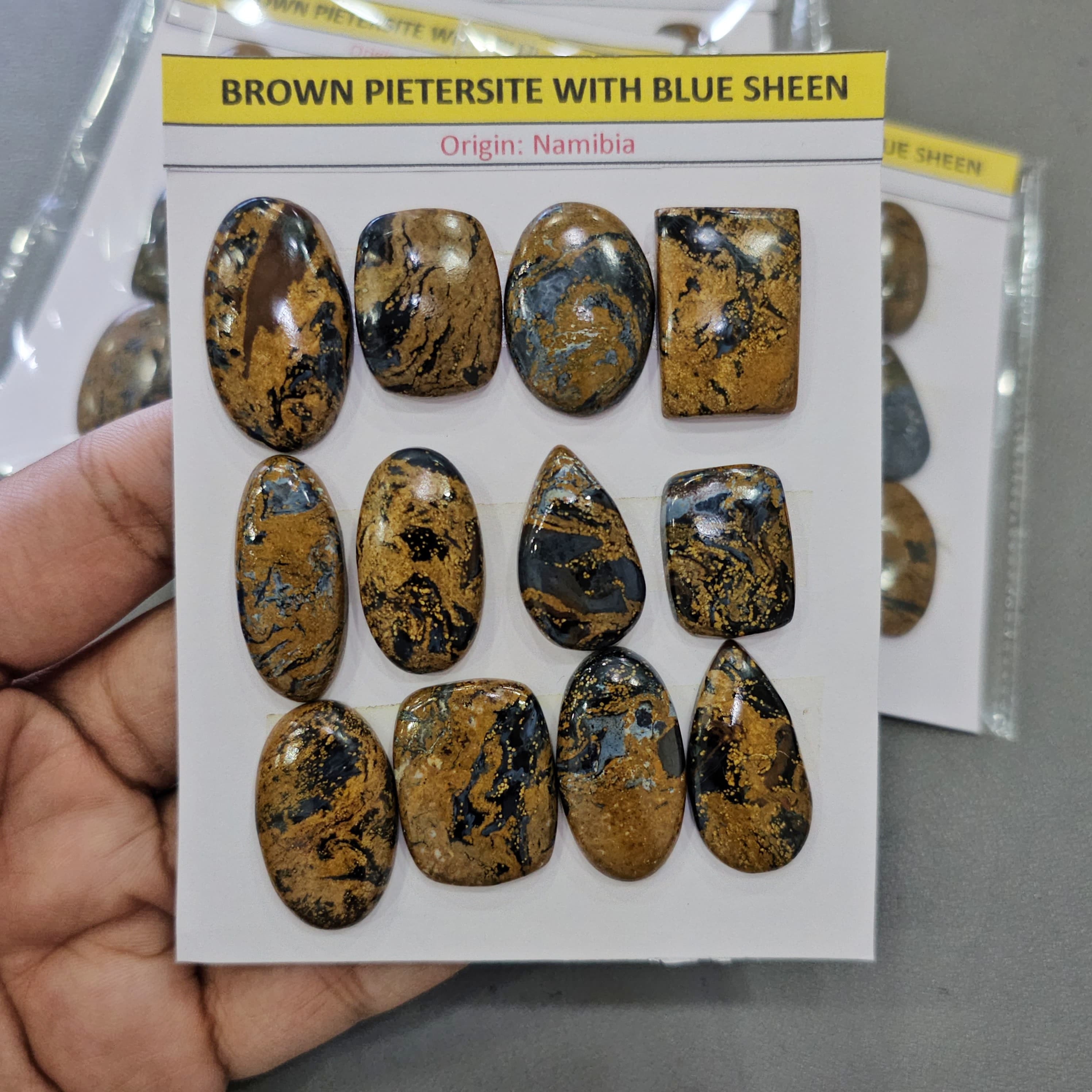1 Card of Natural Brown Pietersite With Blue Sheen Cabochons | 17–30mm | Mixed Shapes - The LabradoriteKing