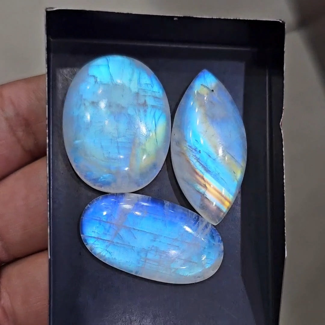 3Pcs Natural Rainbow Moonstone Cabochons | 34-40mm | Shape: Mix - The LabradoriteKing