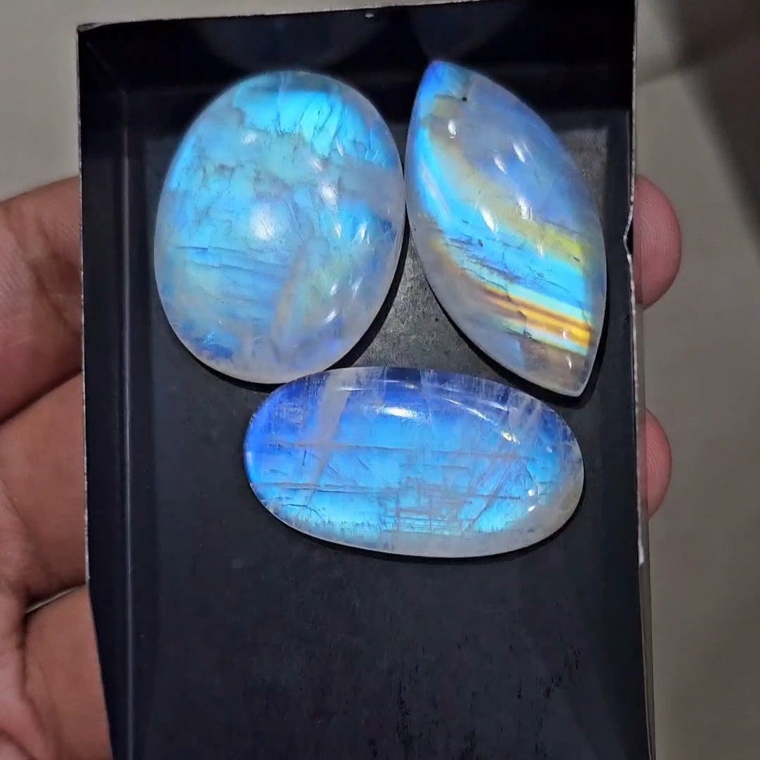 3Pcs Natural Rainbow Moonstone Cabochons | 34-40mm | Shape: Mix - The LabradoriteKing