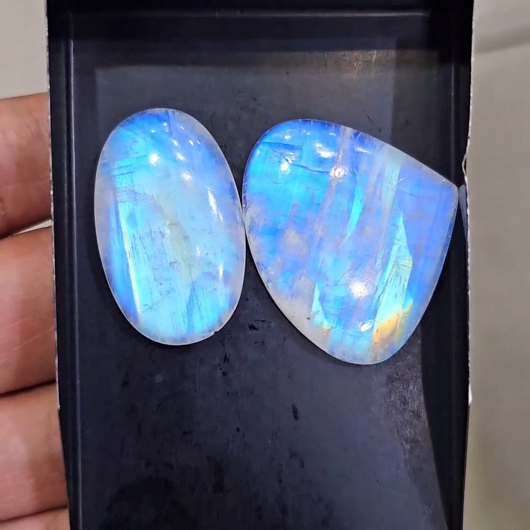 2Pcs Natural Rainbow Moonstone Cabochons | 34-37mm | Shape: Mix - The LabradoriteKing