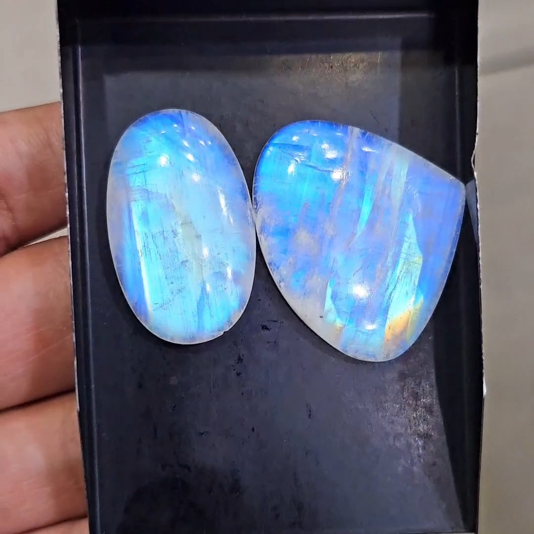 2Pcs Natural Rainbow Moonstone Cabochons | 34-37mm | Shape: Mix - The LabradoriteKing