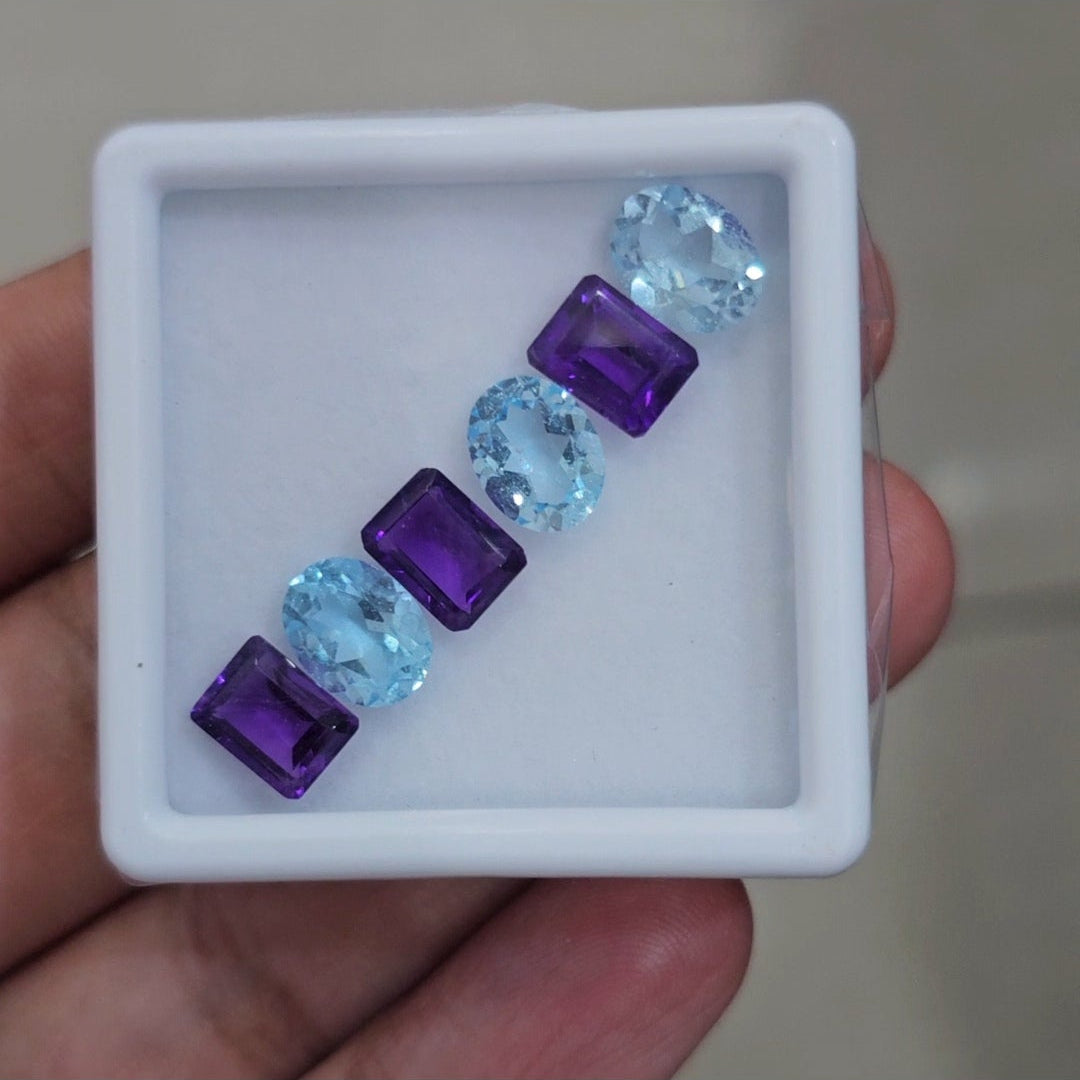 6 Pcs Of Natural Amethyst & Blue Topaz Faceted | Shape: Mix | Size: 8-9mm