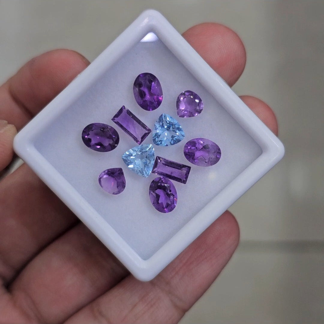 10 Pcs Of Natural Amethyst & Blue Topaz Faceted | Shape: Mix | Size: 6-8mm