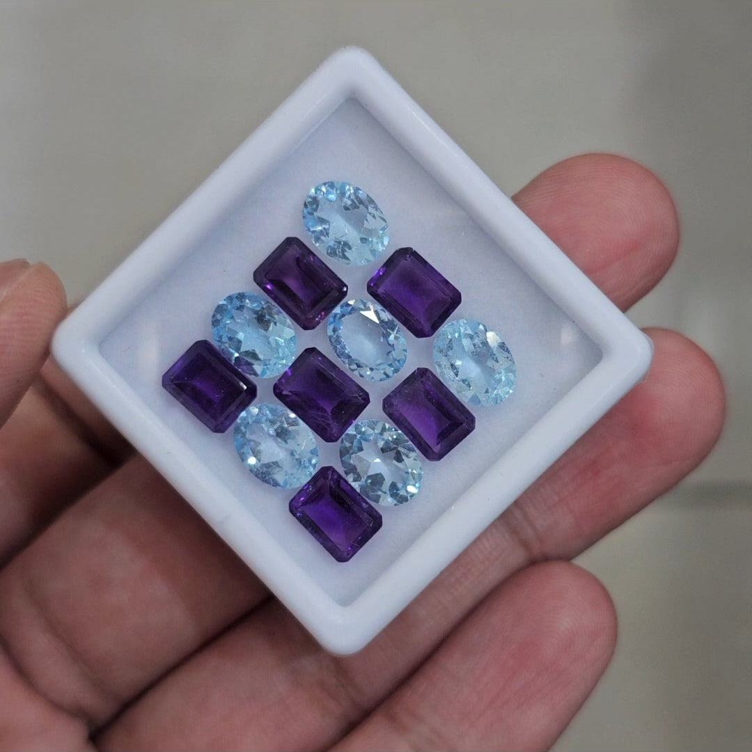 12 Pcs Of Natural Amethyst & Blue Topaz Faceted | Shape: Oval & Rectangle | Size: 8-9mm