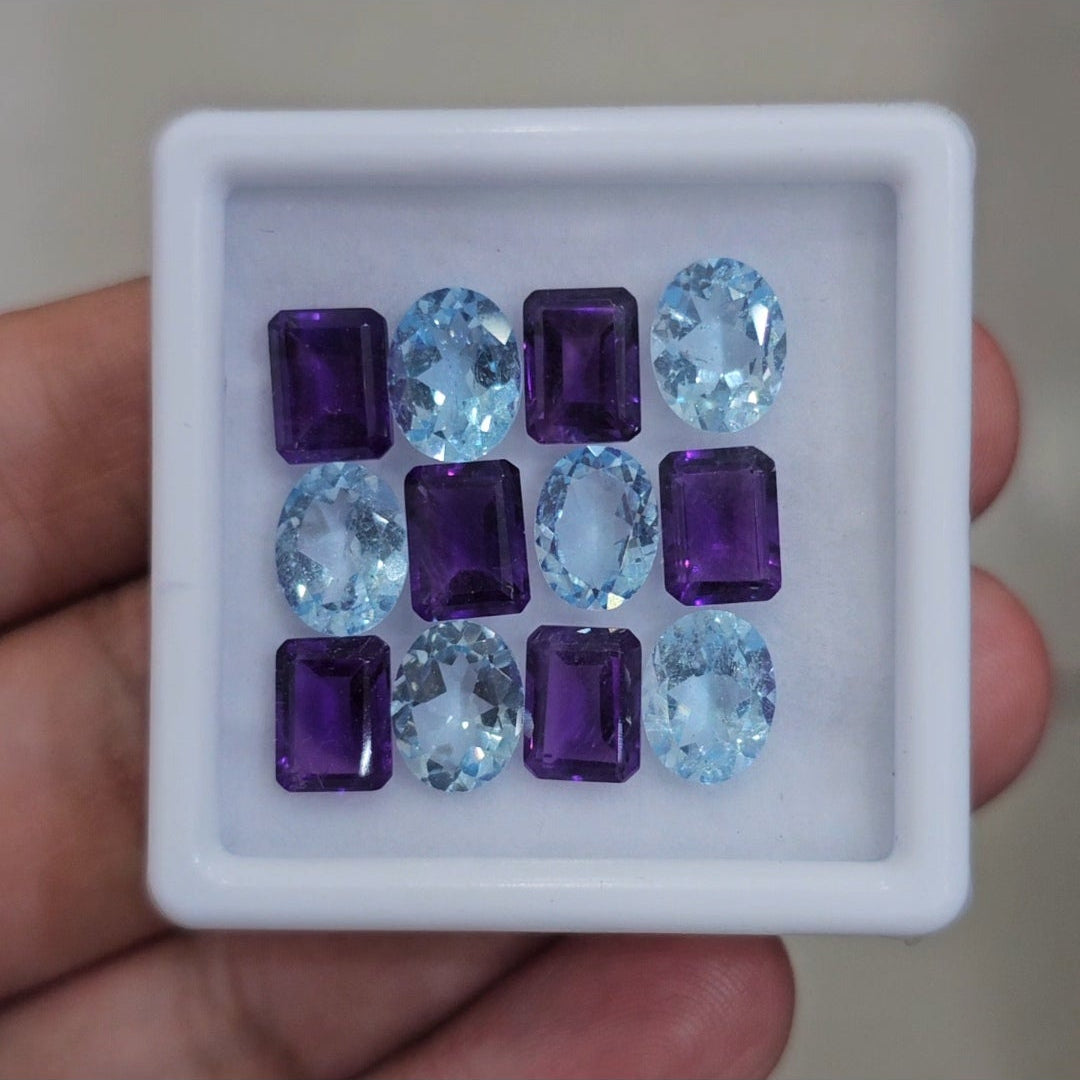 12 Pcs Of Natural Amethyst & Blue Topaz Faceted | Shape: Oval & Rectangle | Size: 8-9mm