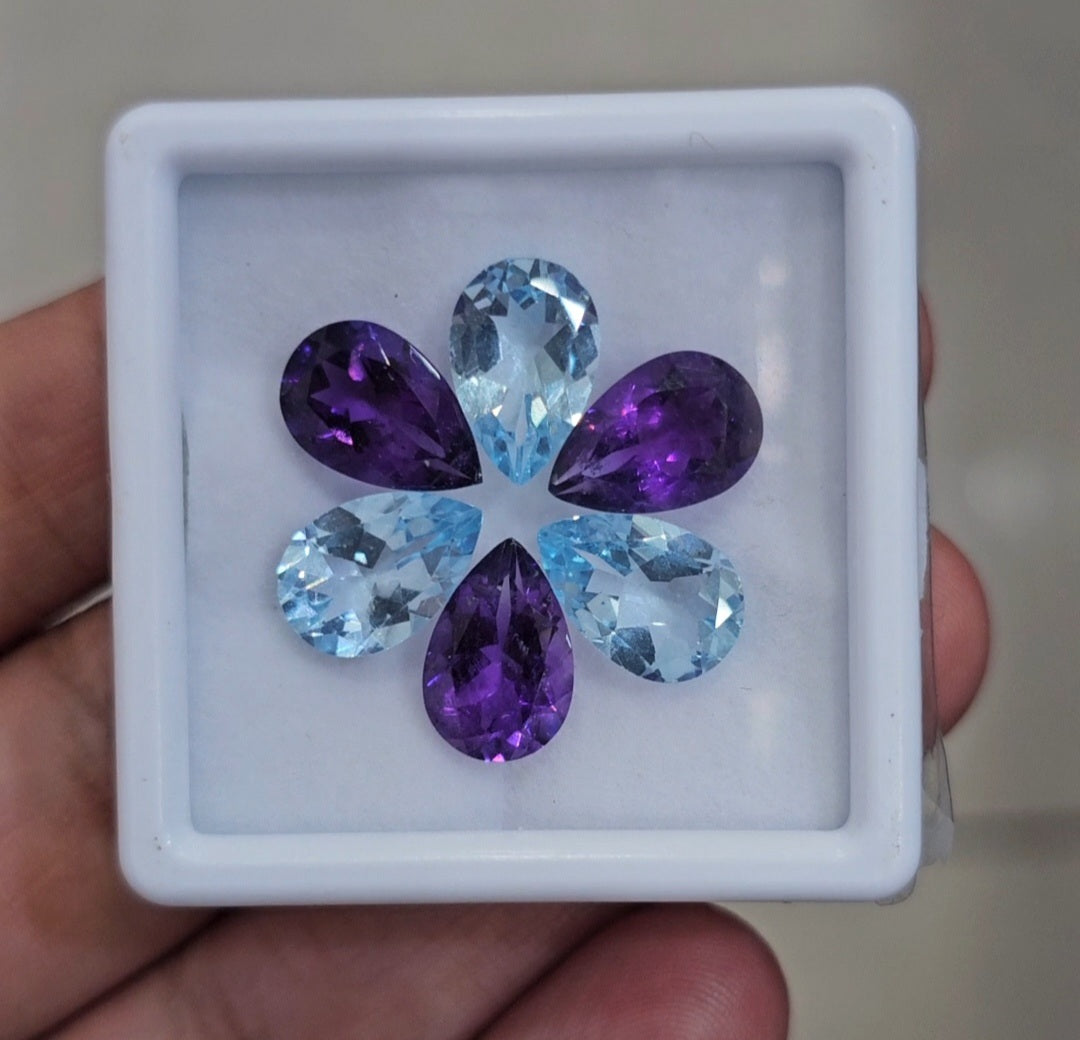 6Pcs Of Natural Amethyst & Blue Topaz Faceted | Shape: Pear | Size: 8-12mm