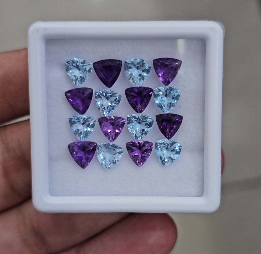 16Pcs Of Natural Amethyst & Blue Topaz Faceted | Shape: Trillion | Size: 6mm