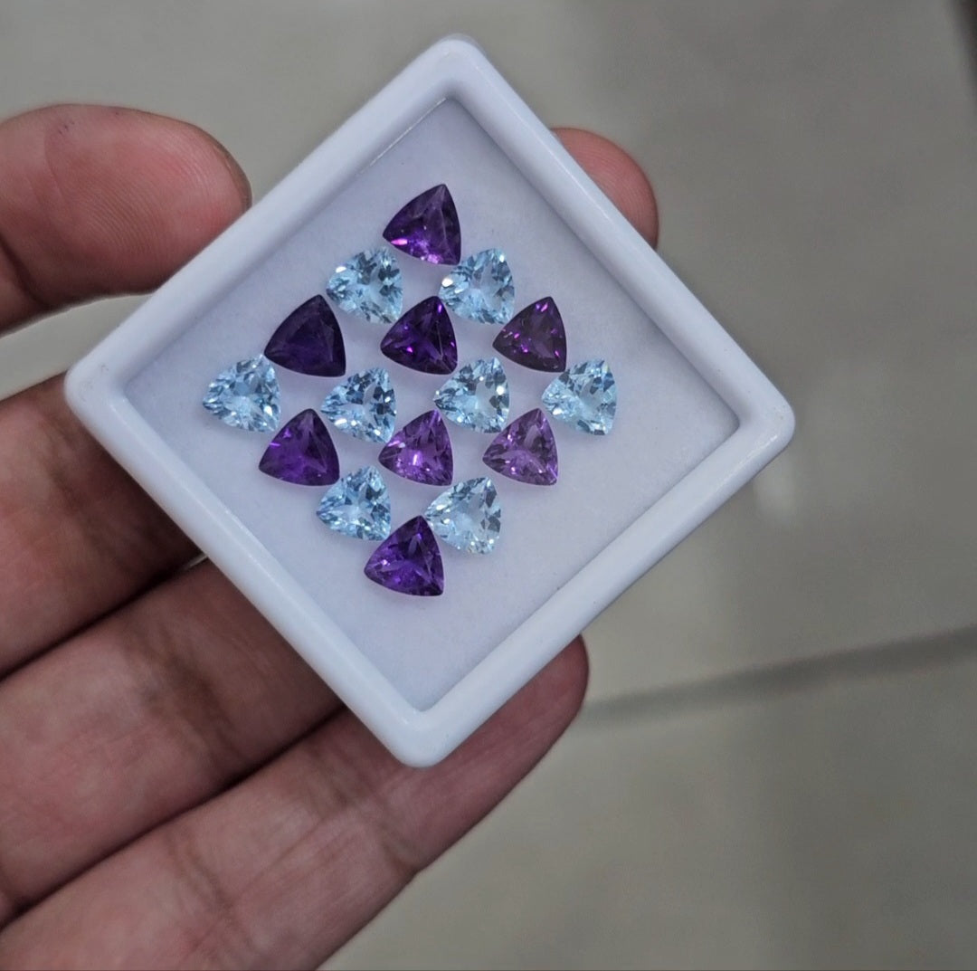 16Pcs Of Natural Amethyst & Blue Topaz Faceted | Shape: Trillion | Size: 6mm