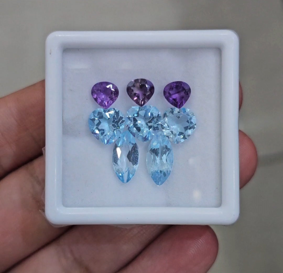 8Pcs Of Natural Amethyst & Blue Topaz Faceted | Shape: Mix | Size: 6-12mm