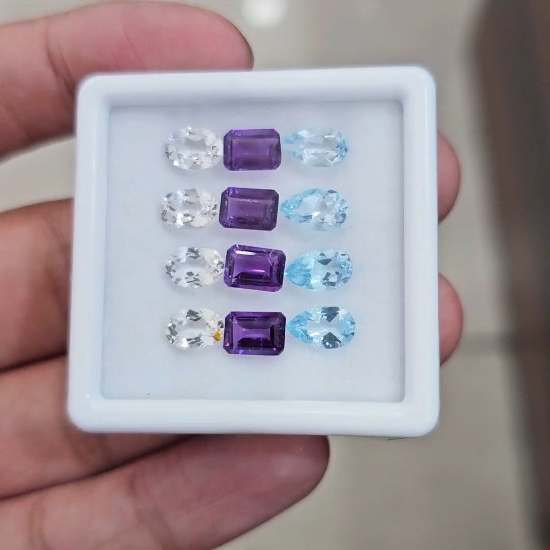 12pcs Natural Amethyst, Blue Topaz & White Topaz Faceted | Mix Shape | Size: 7-8mm