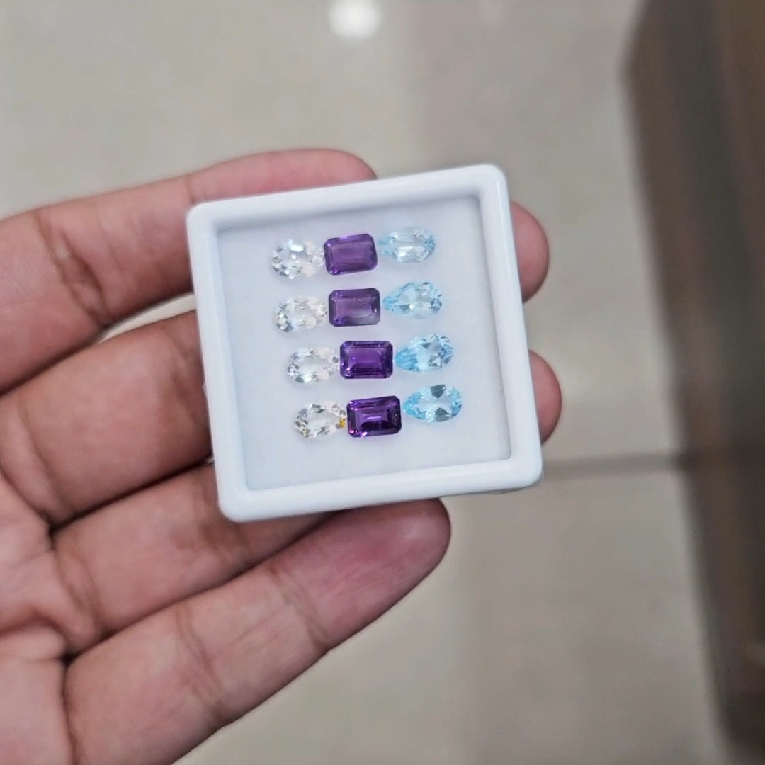 12pcs Natural Amethyst, Blue Topaz & White Topaz Faceted | Mix Shape | Size: 7-8mm