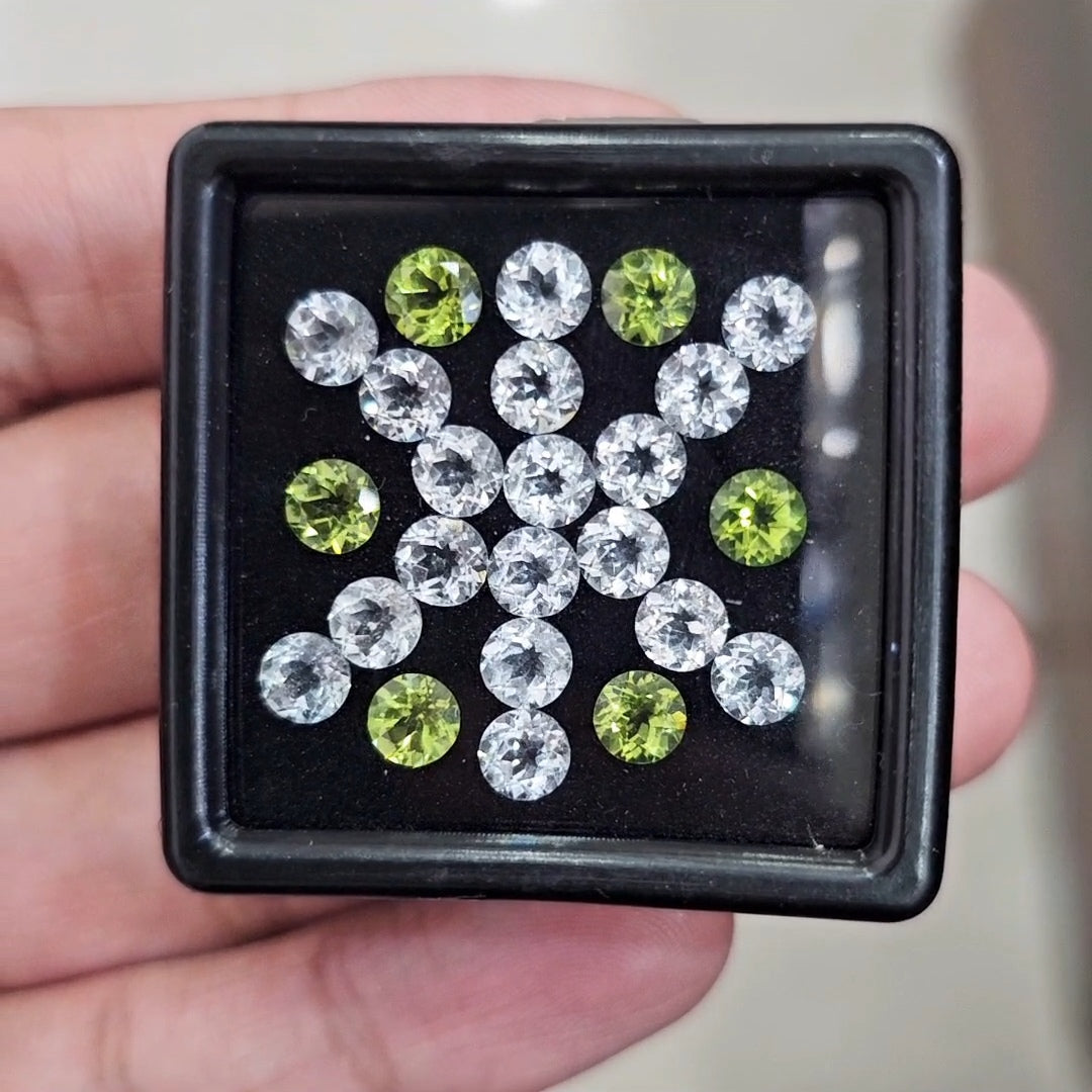 24pcs Natural Peridot & White Topaz Faceted | Round | Size: 5mm